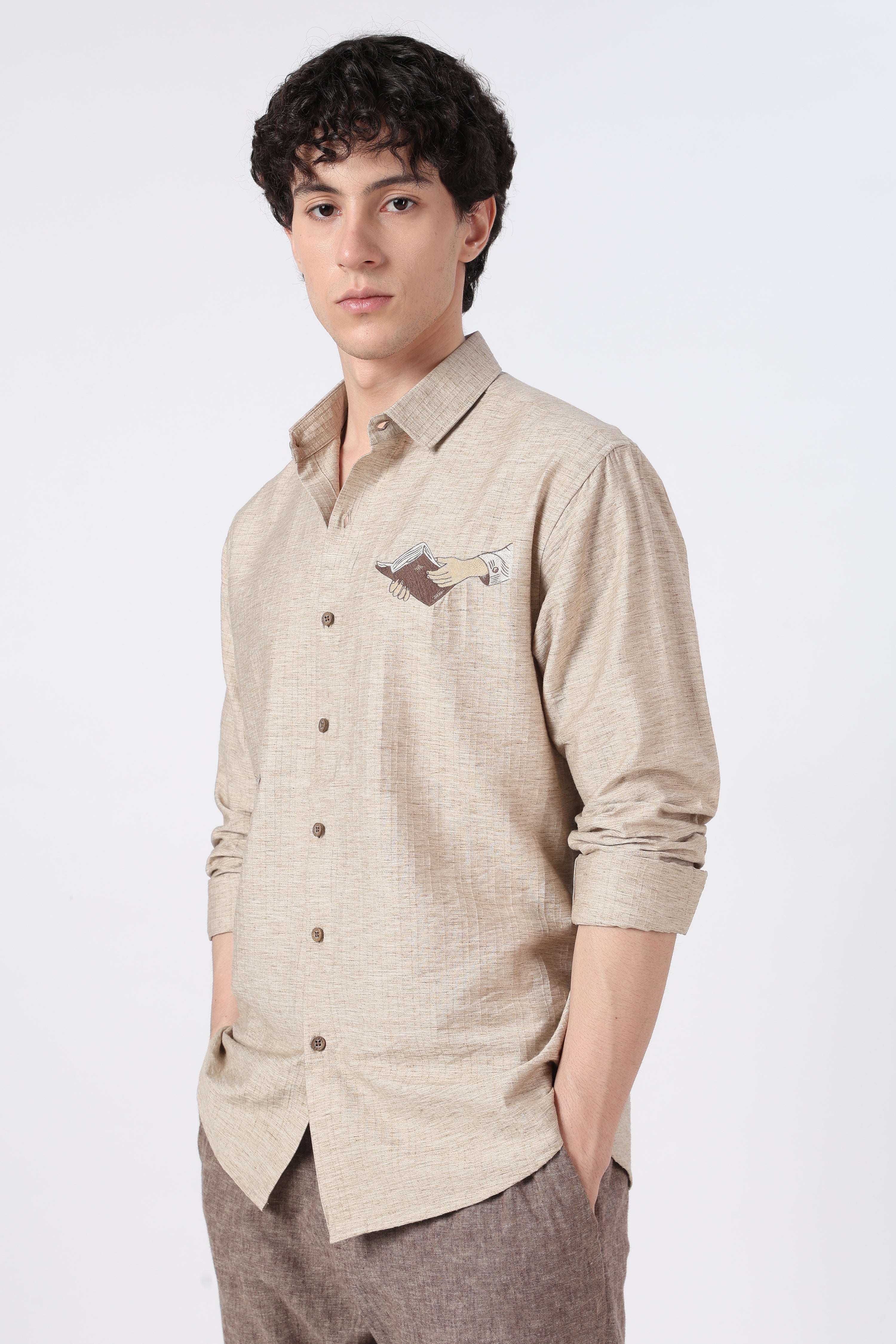 Hand Book Minimalist Cotton Regular Fit Brown Embroidered Shirt