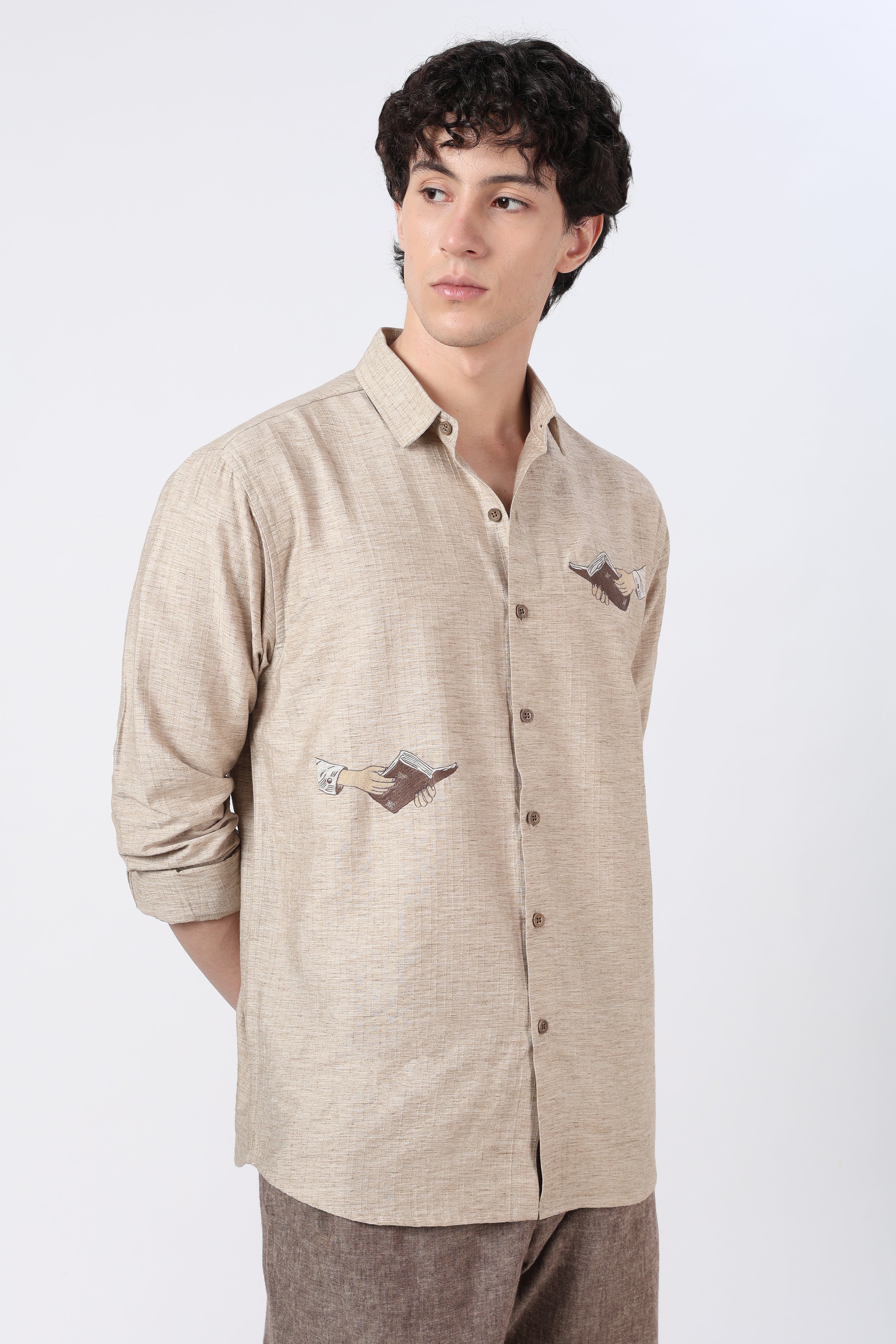 Hand Book Minimalist Cotton Regular Fit Brown Embroidered Shirt