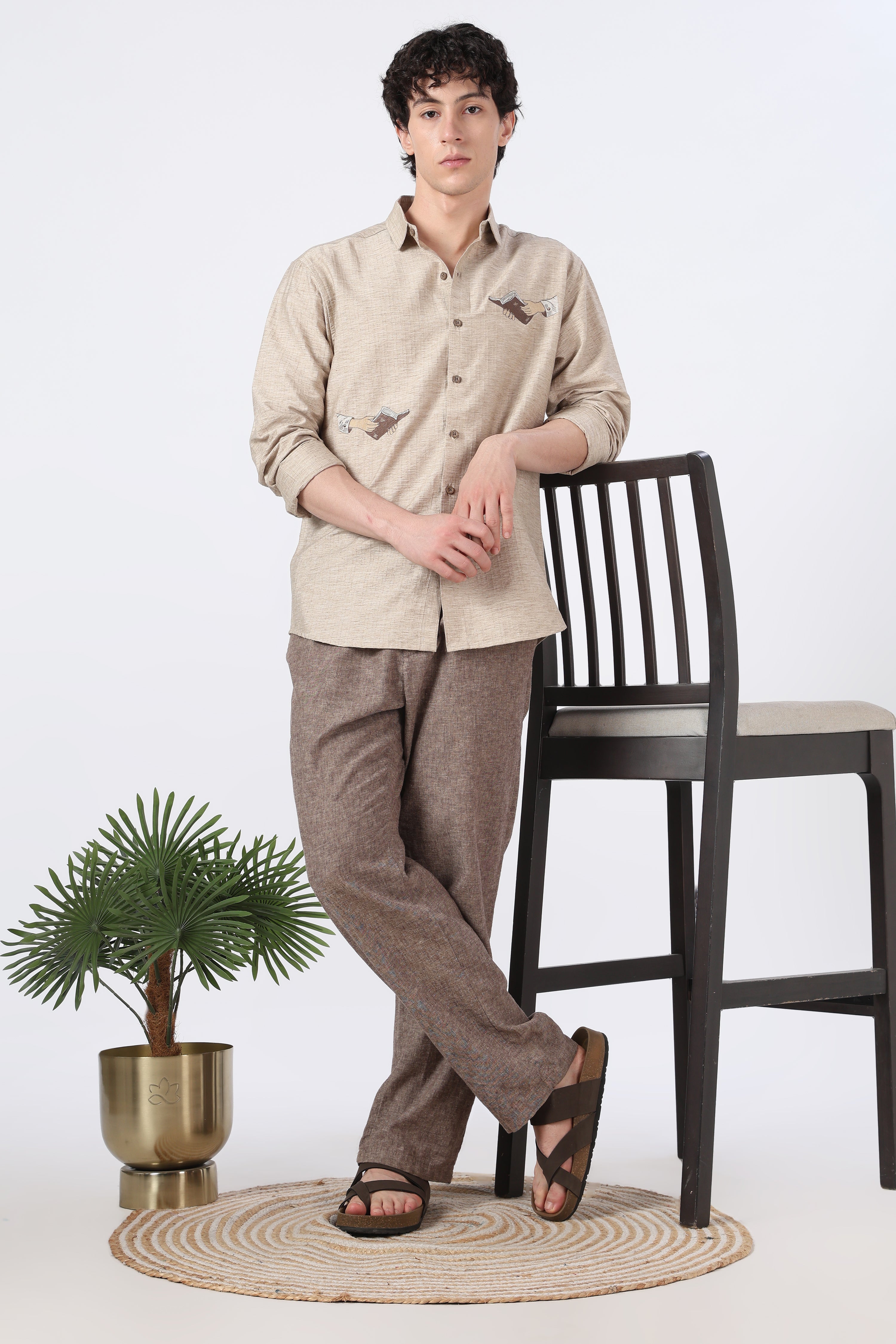 Hand Book Minimalist Cotton Regular Fit Brown Embroidered Shirt