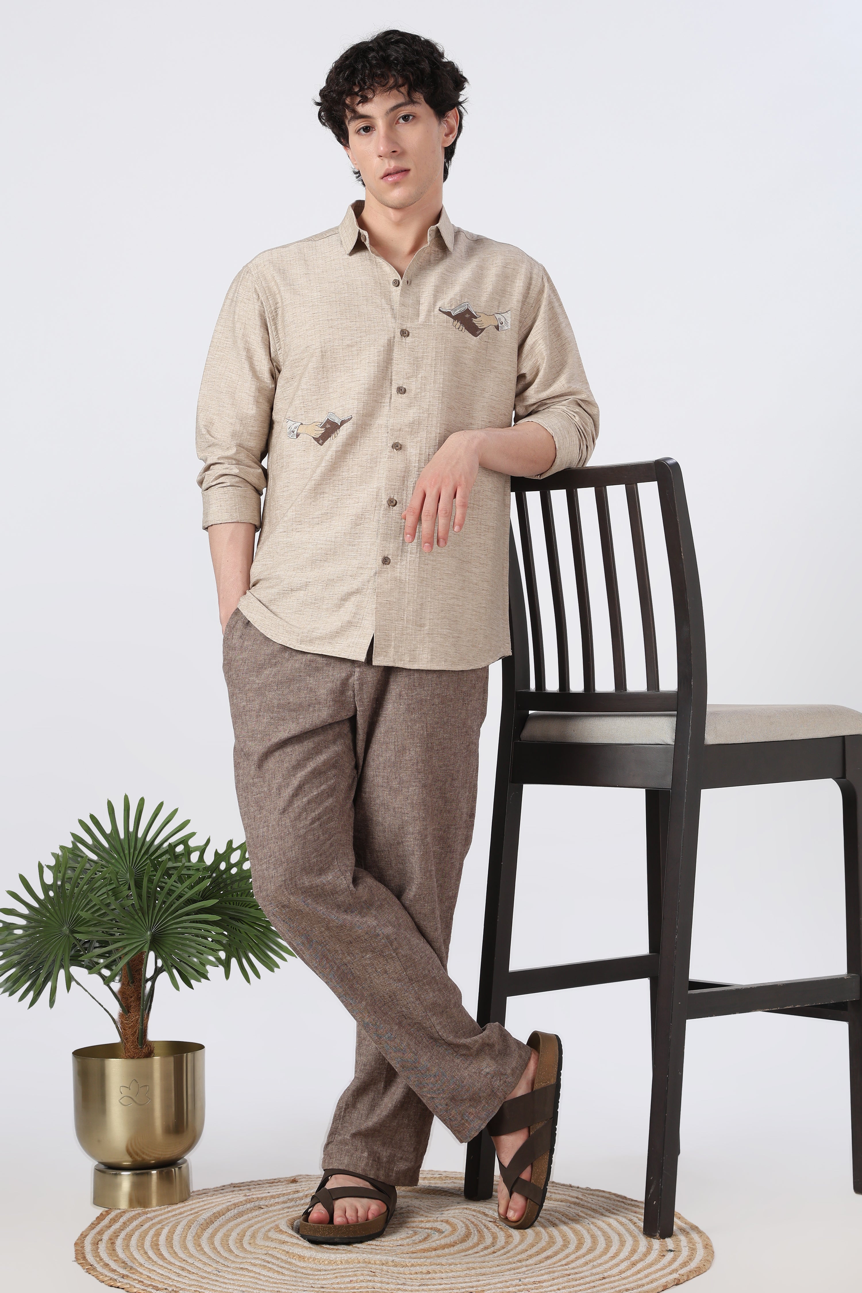 Hand Book Minimalist Cotton Regular Fit Brown Embroidered Shirt