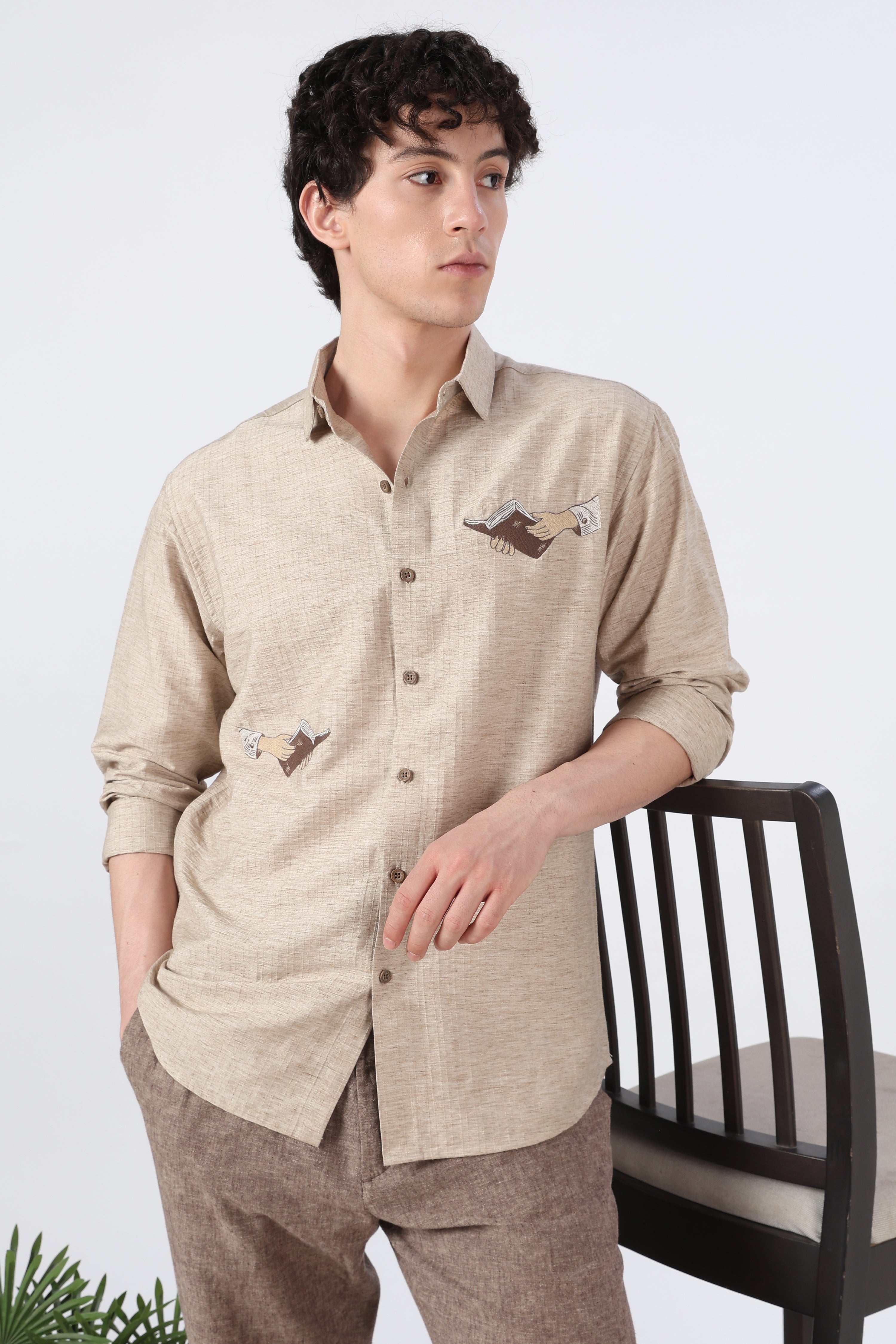 Hand Book Minimalist Cotton Regular Fit Brown Embroidered Shirt