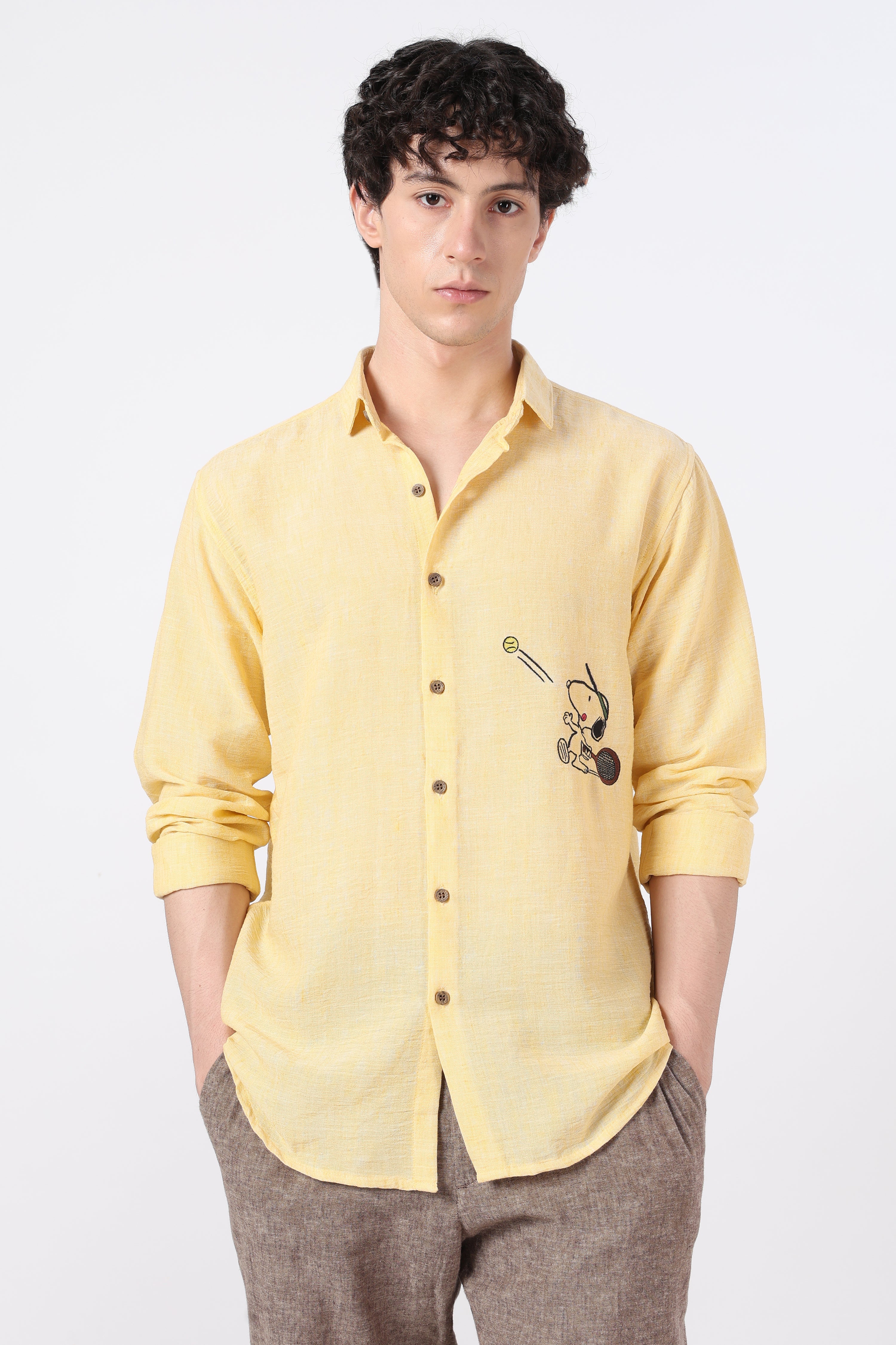 Tennis Ace Cotton Regular Fit Butter Yellow Embroidered Shirt