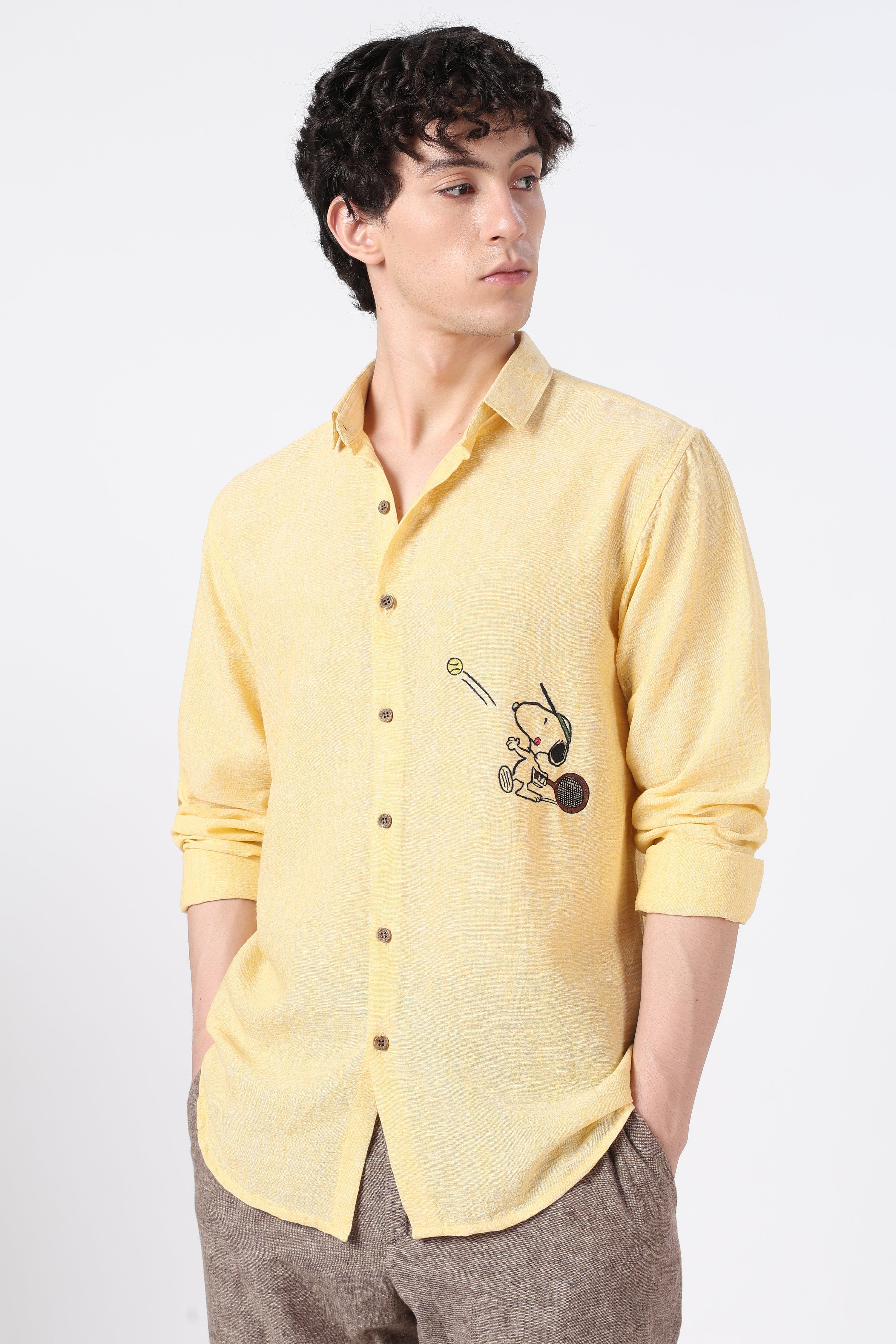 Tennis Ace Cotton Regular Fit Butter Yellow Embroidered Shirt