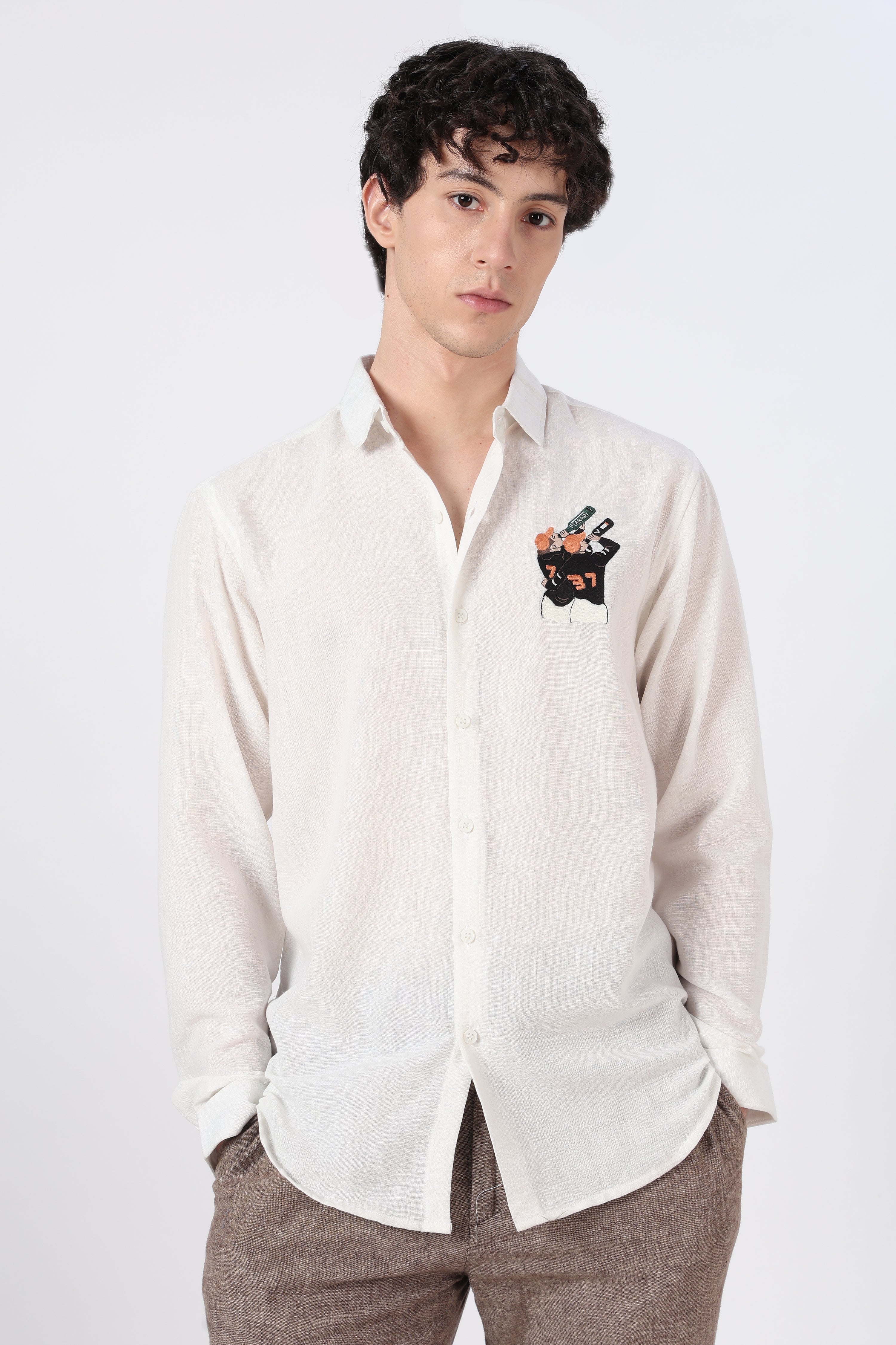 Victory Toast Cotton Regular Fit White Embroidered Shirt