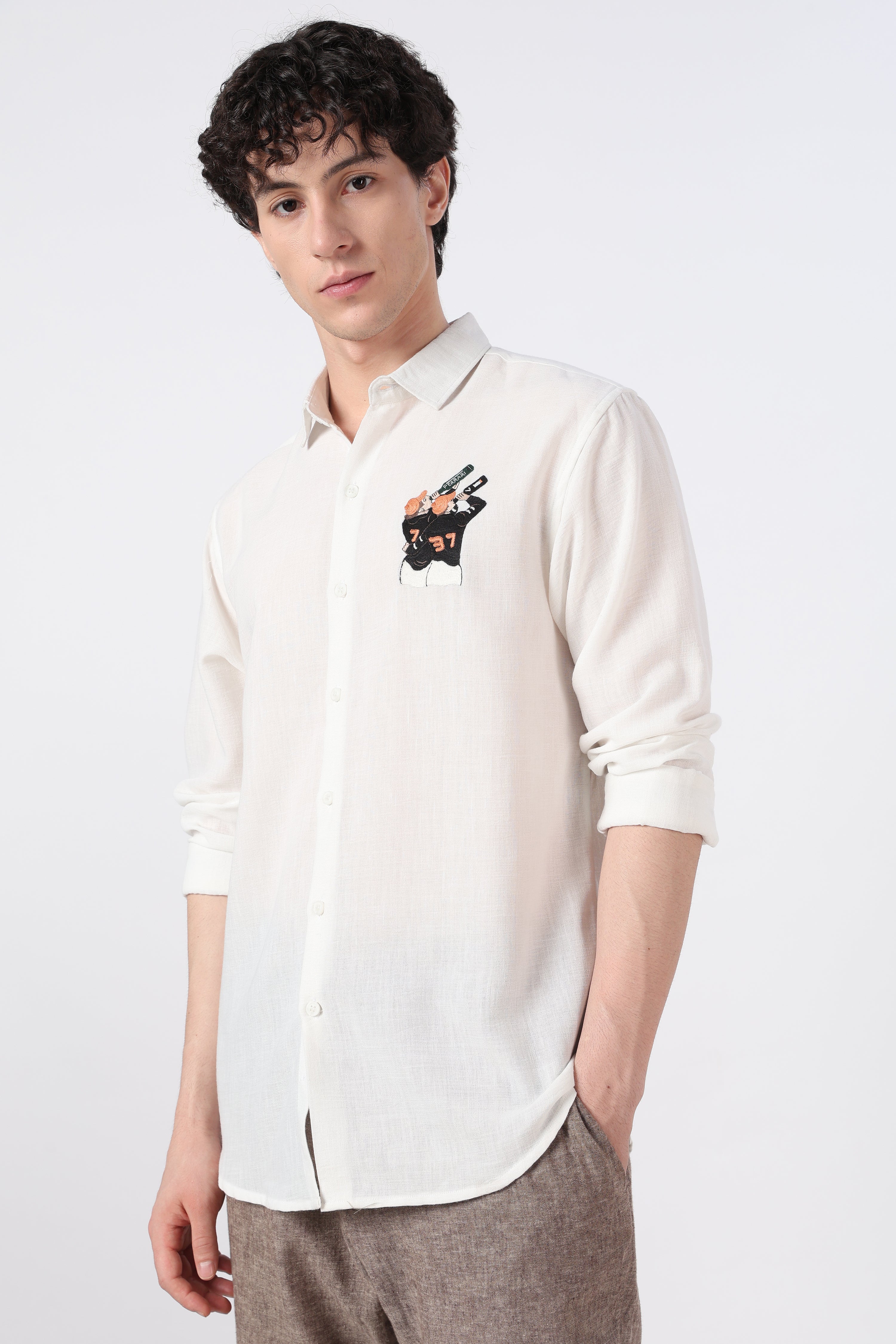 Victory Toast Cotton Regular Fit White Embroidered Shirt