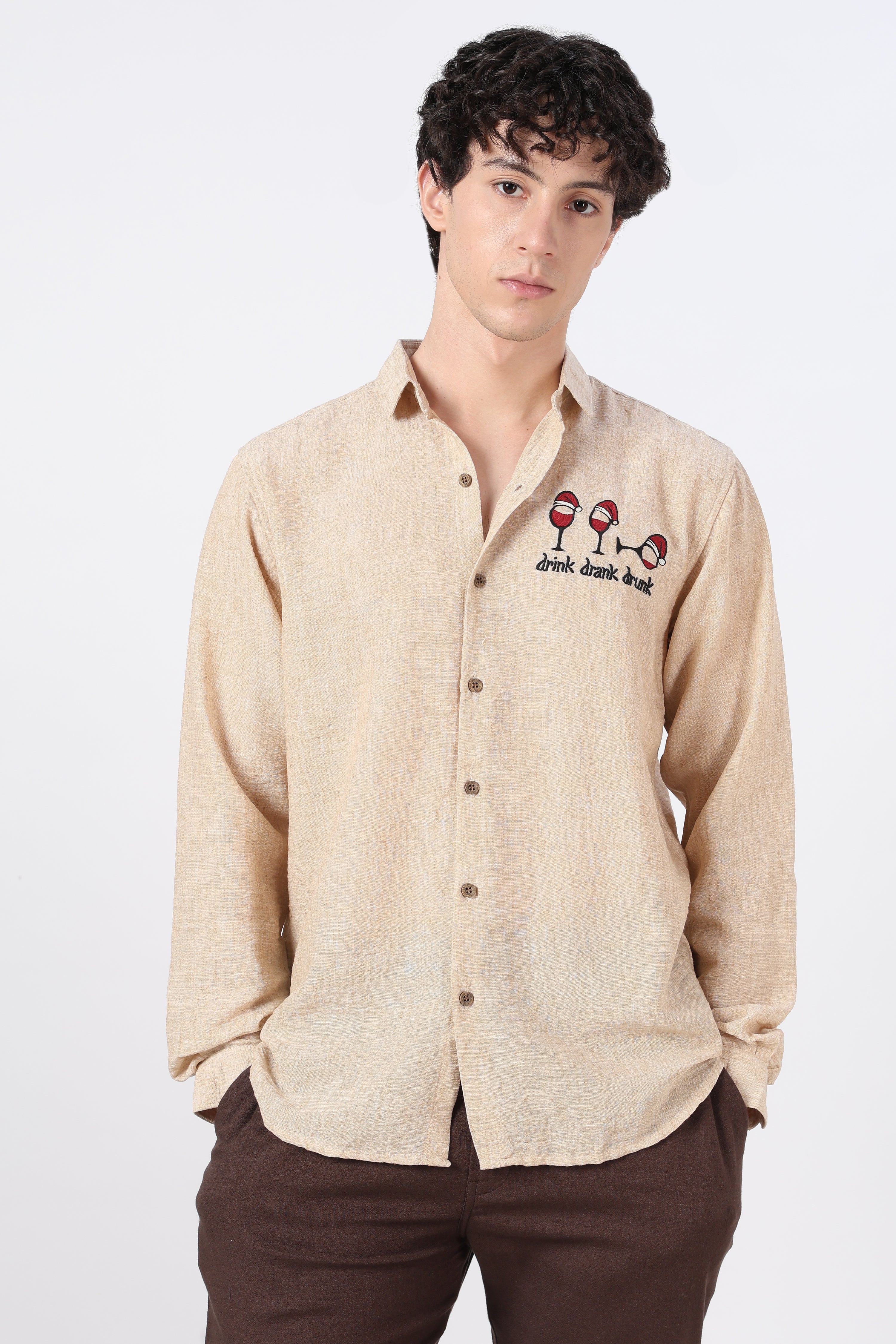 Drink Drank Drunk Cotton Regular Fit Peach Embroidered Shirt