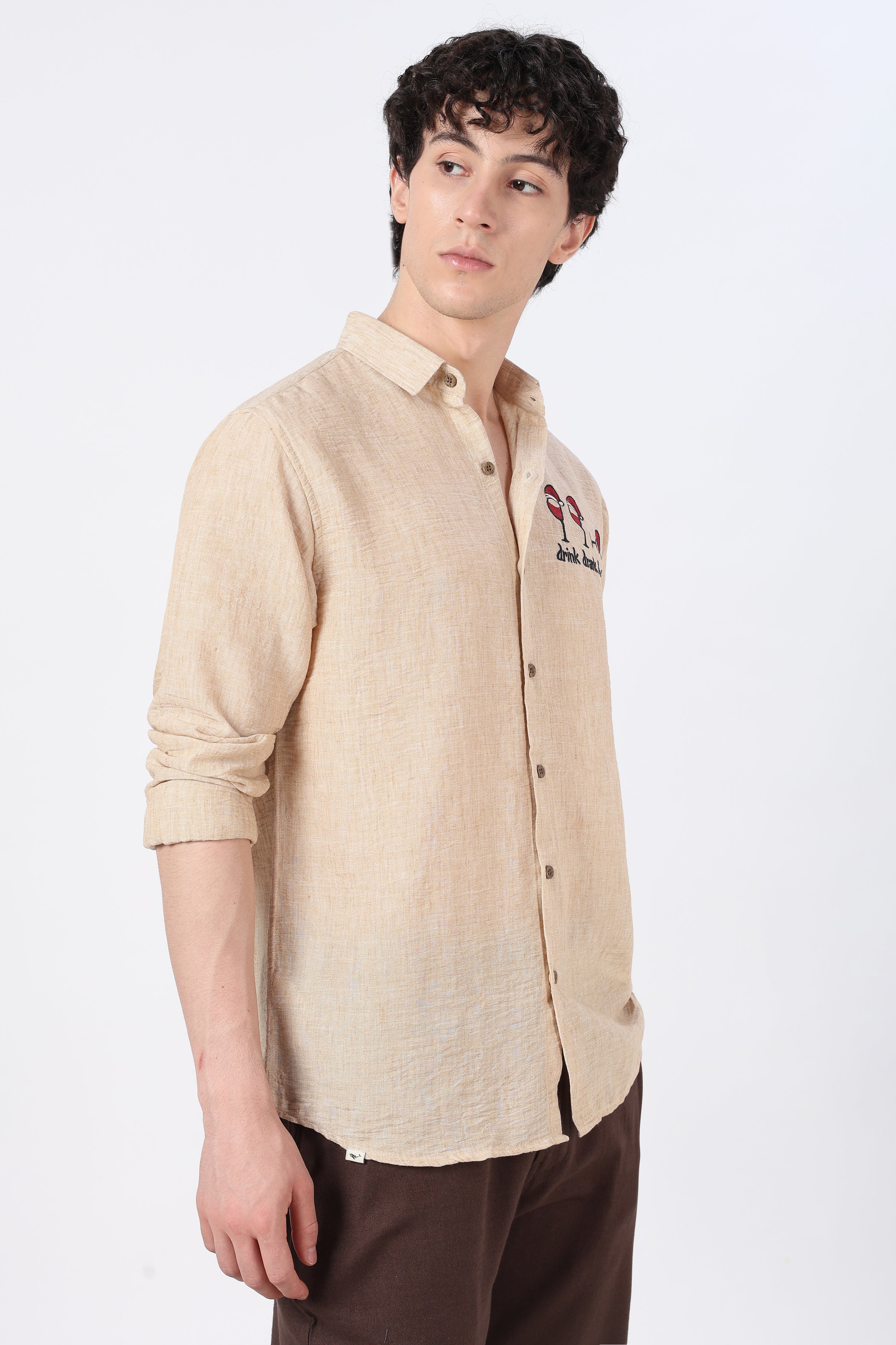 Drink Drank Drunk Cotton Regular Fit Peach Embroidered Shirt