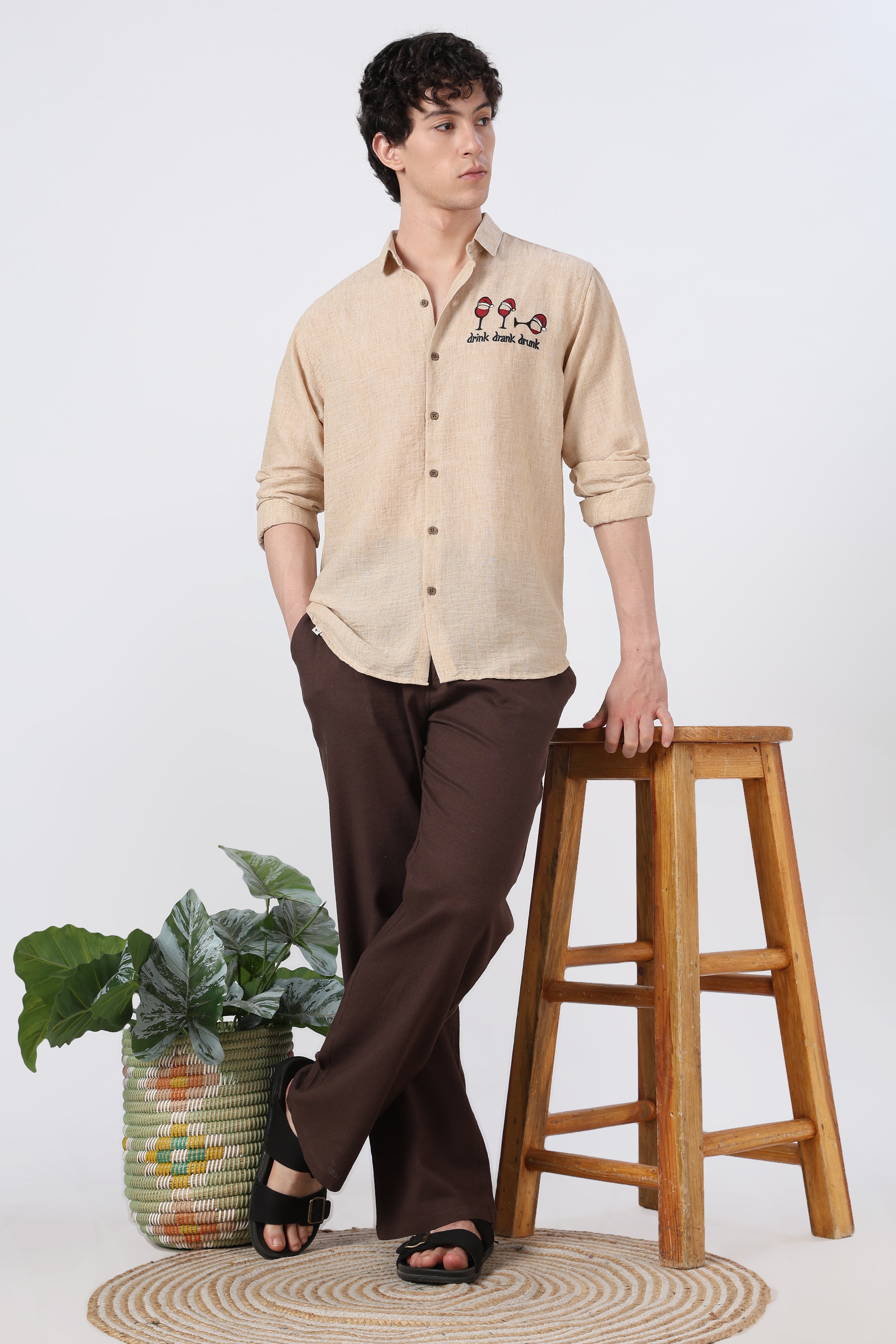 Drink Drank Drunk Cotton Regular Fit Peach Embroidered Shirt