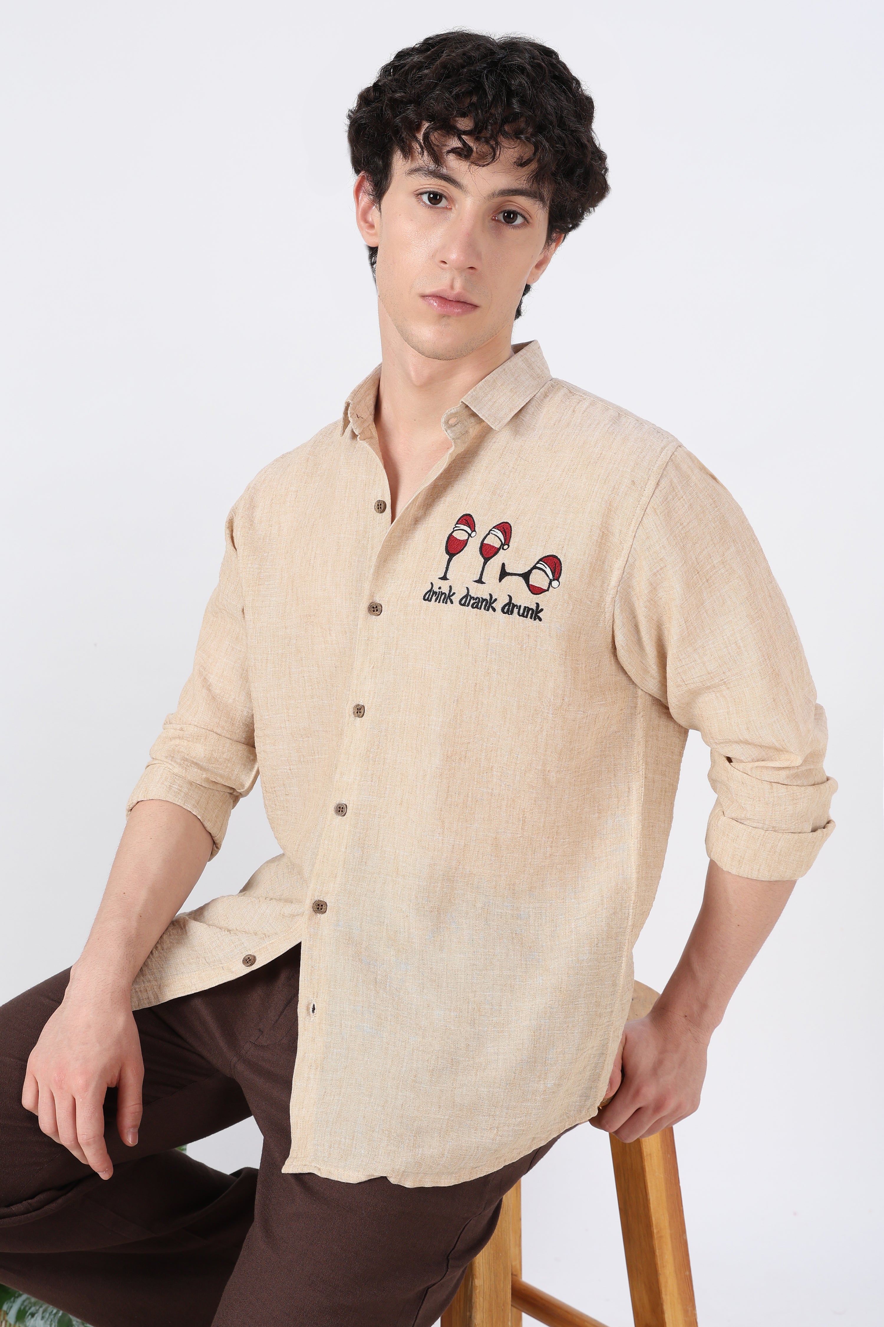 Drink Drank Drunk Cotton Regular Fit Peach Embroidered Shirt