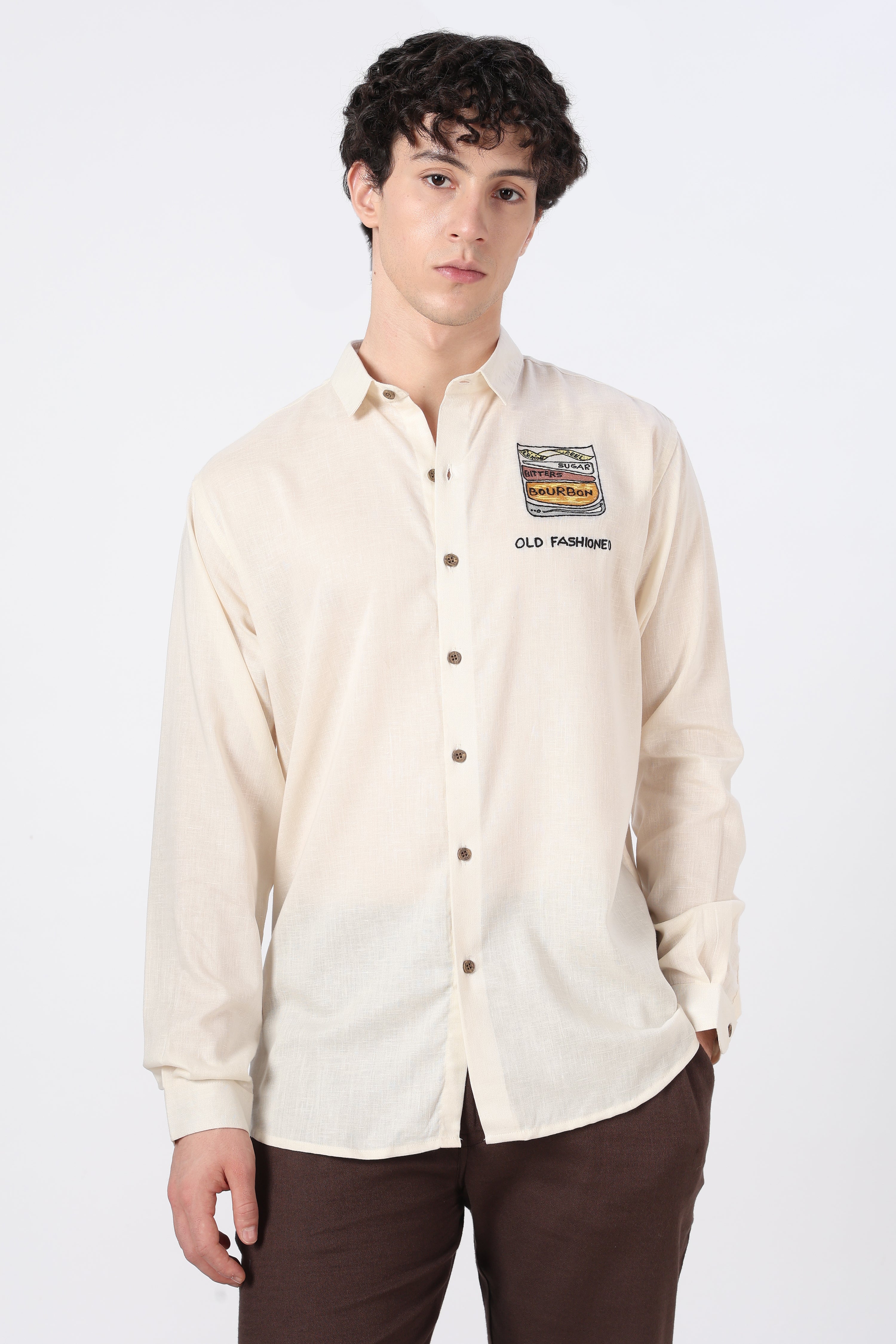 Cocktail Culture Regular Fit Beige Embroidered Shirt