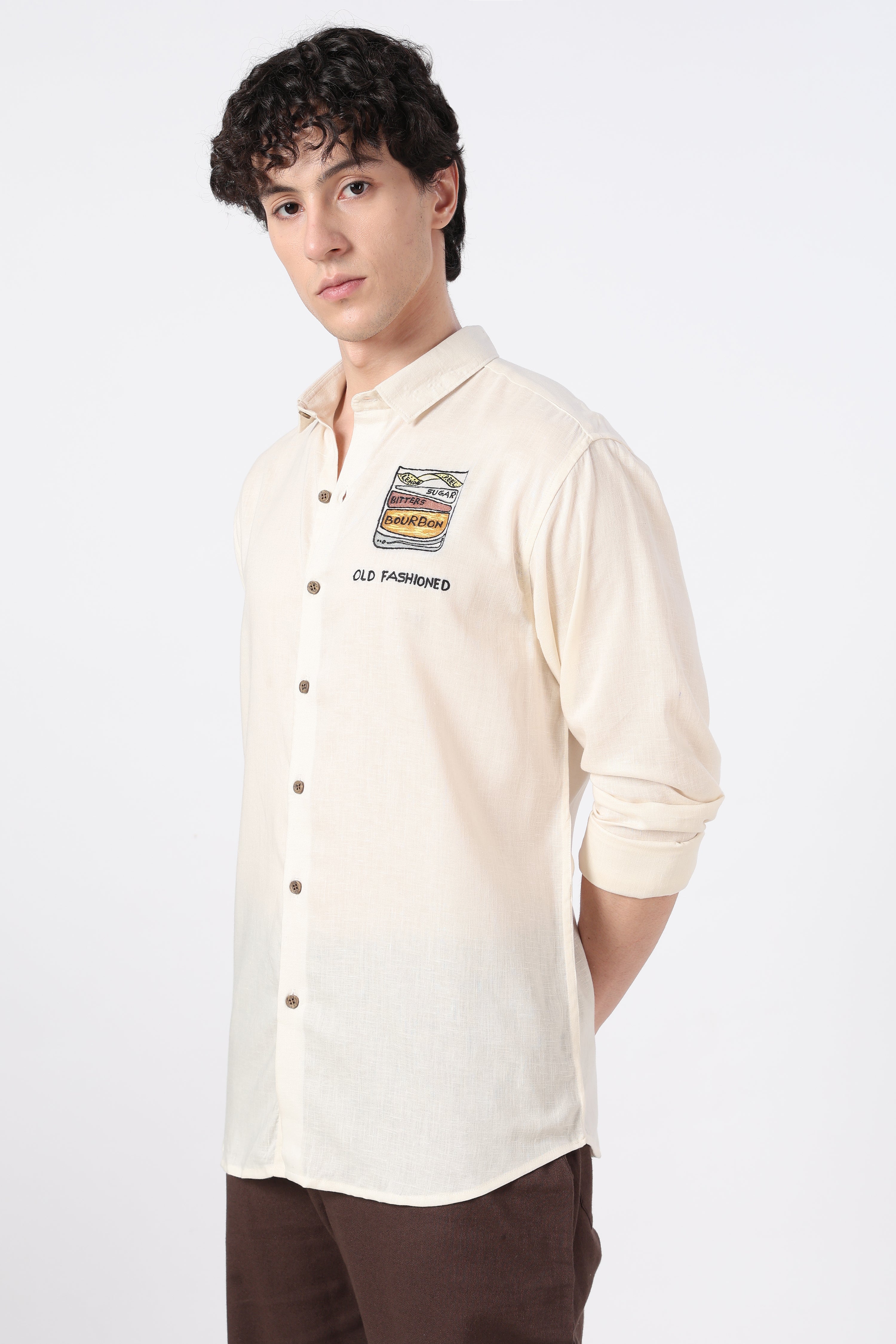 Cocktail Culture Regular Fit Beige Embroidered Shirt