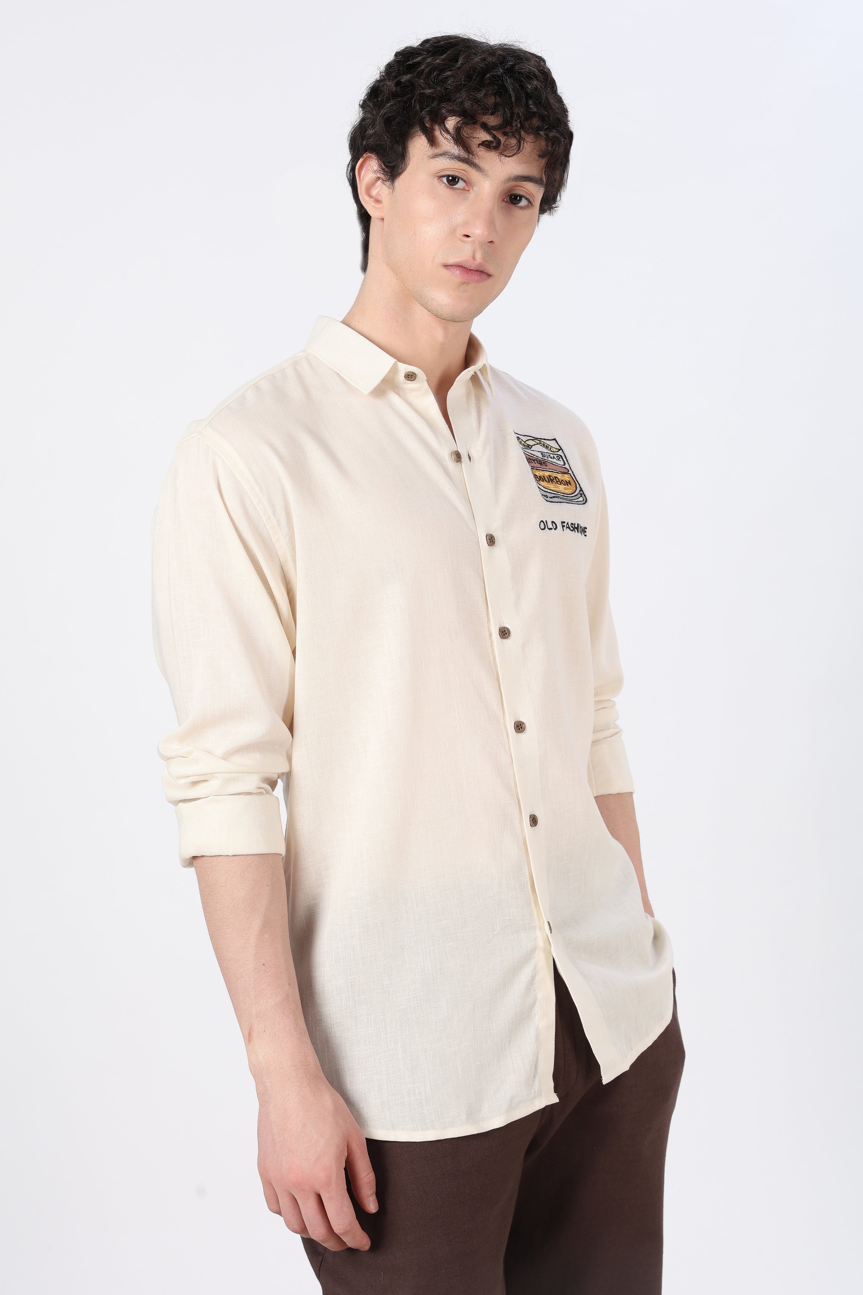 Cocktail Culture Regular Fit Beige Embroidered Shirt