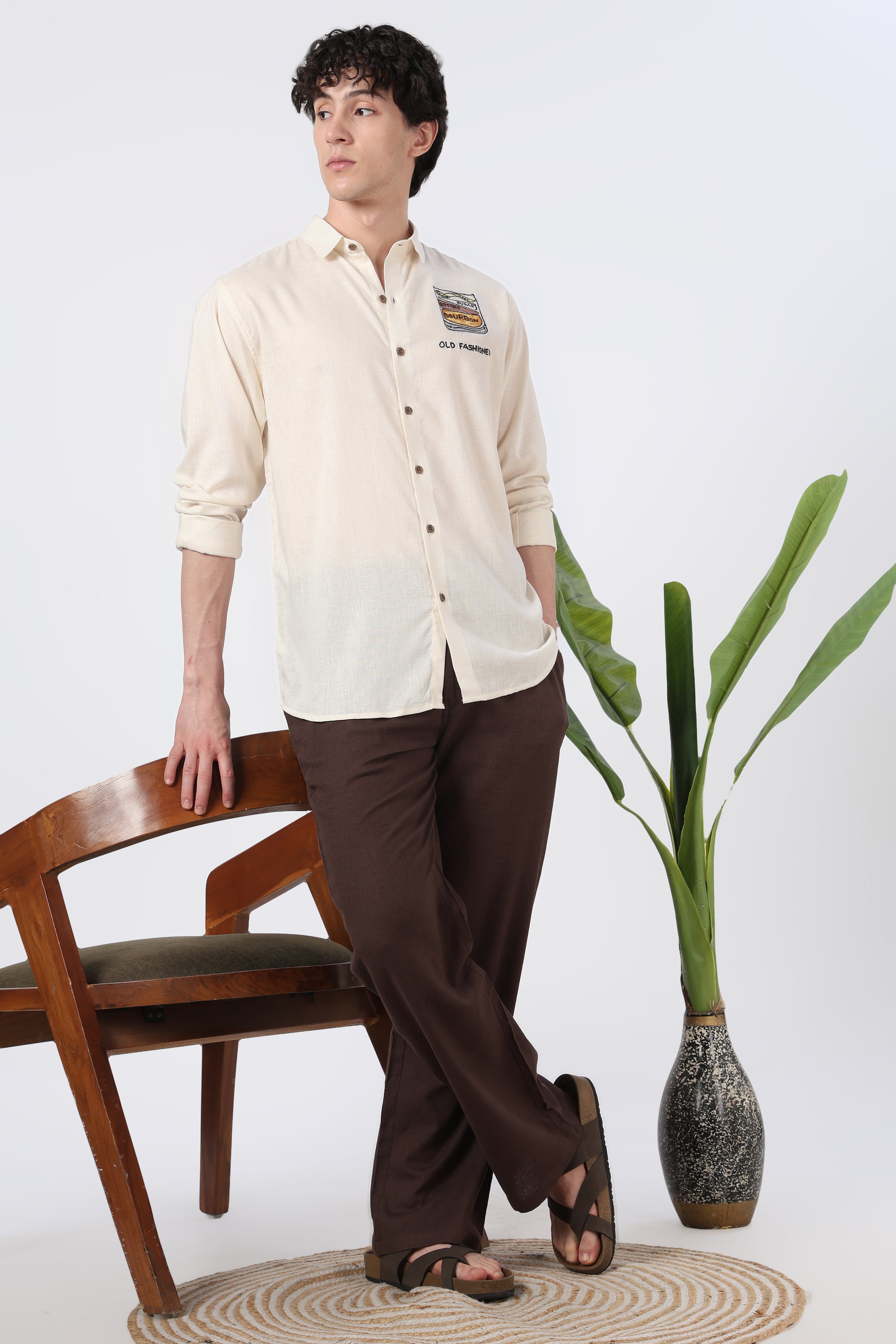 Cocktail Culture Regular Fit Beige Embroidered Shirt