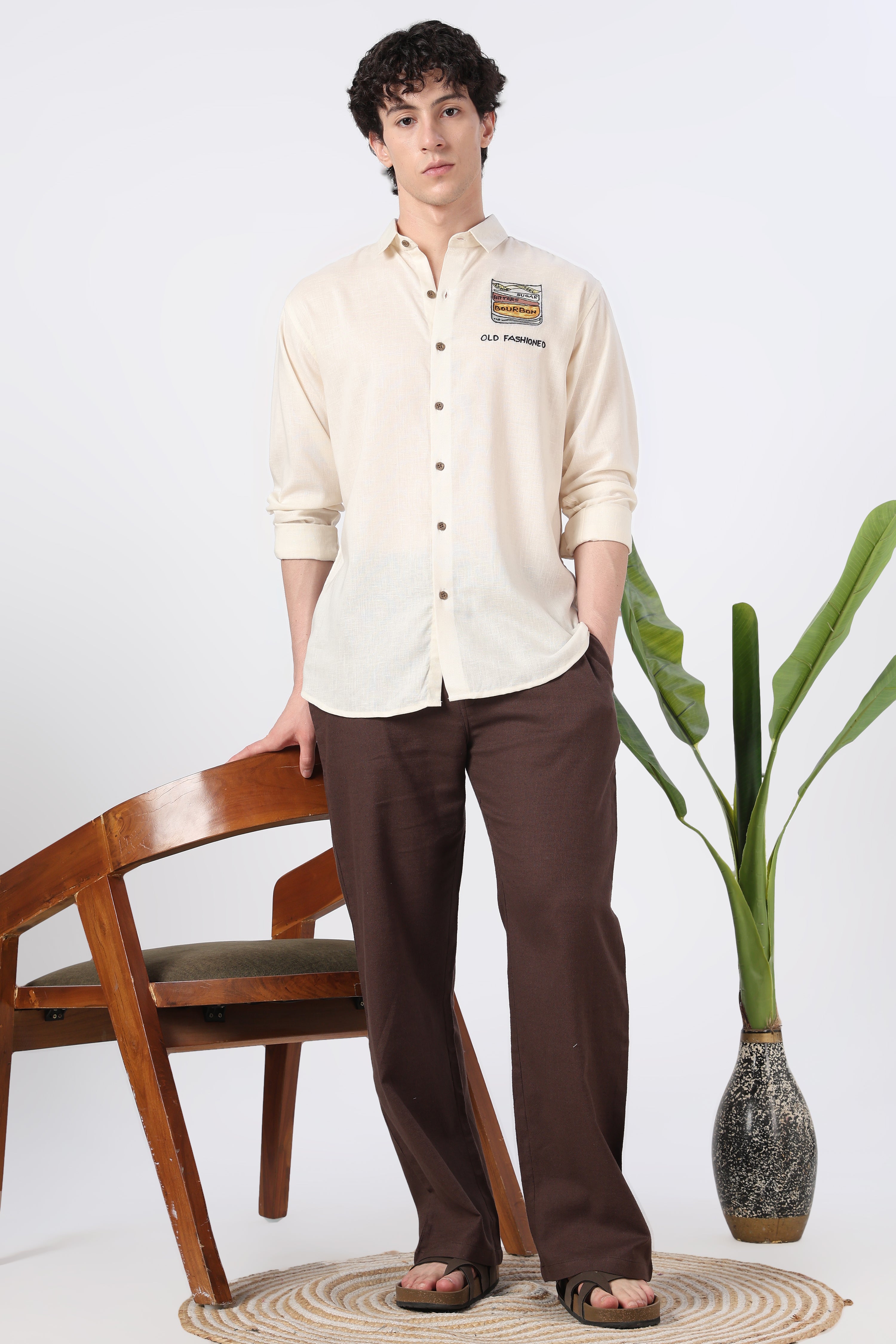 Cocktail Culture Regular Fit Beige Embroidered Shirt