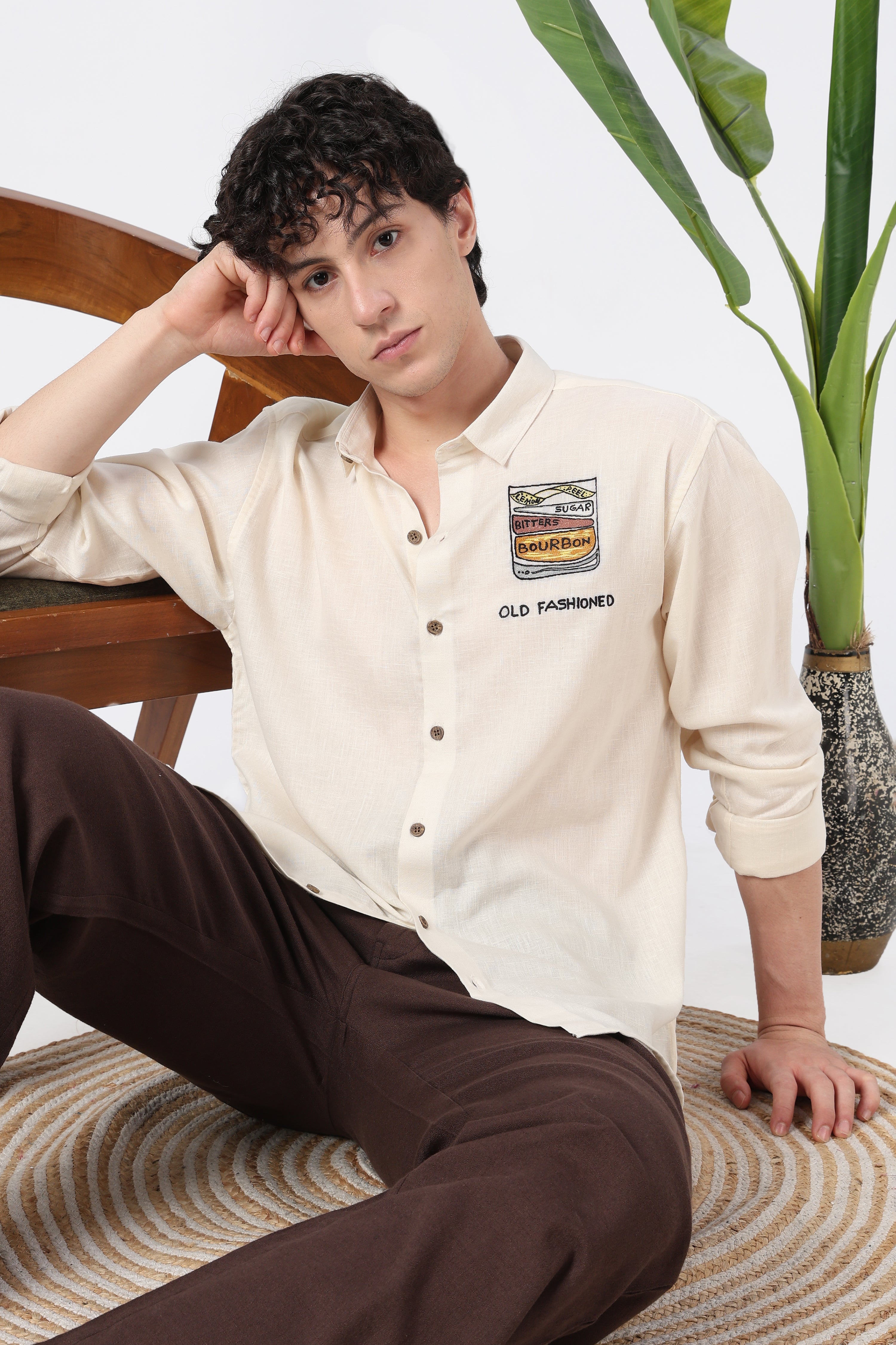 Cocktail Culture Regular Fit Beige Embroidered Shirt