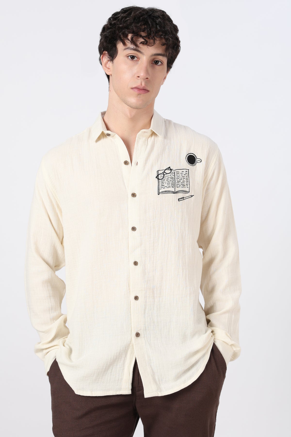 Study Break Muslin Double Cloth Regular Fit Beige Embroidered Shirt