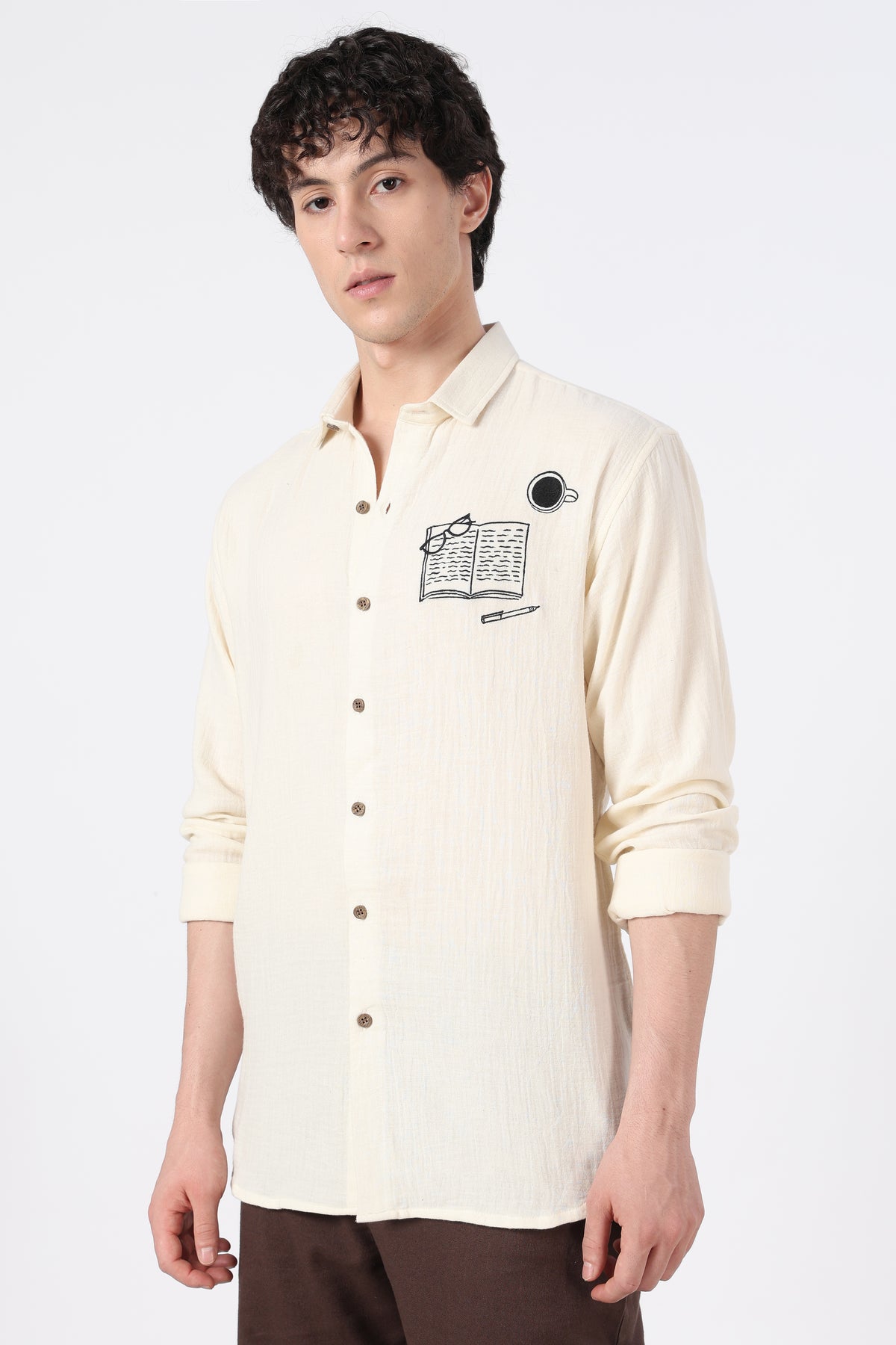 Study Break Muslin Double Cloth Regular Fit Beige Embroidered Shirt