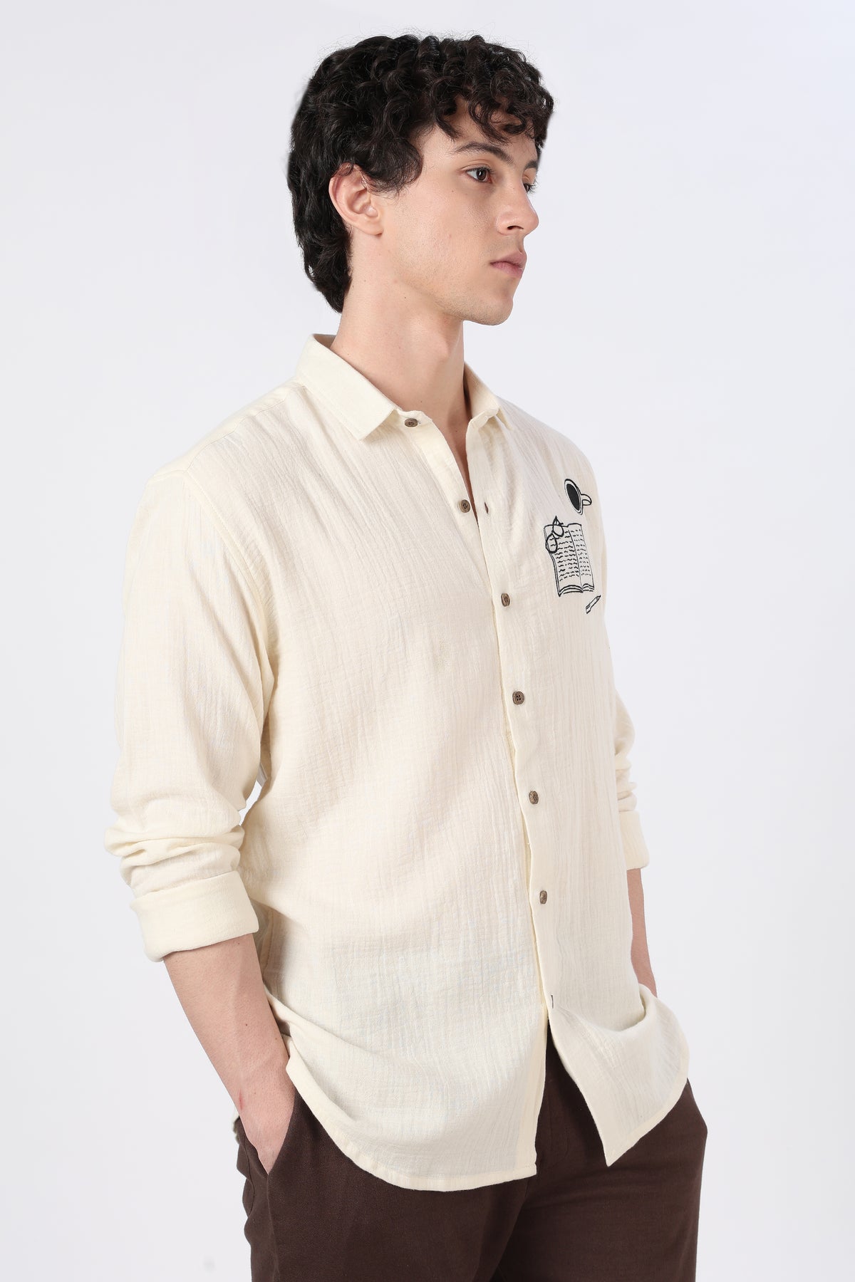 Study Break Muslin Double Cloth Regular Fit Beige Embroidered Shirt