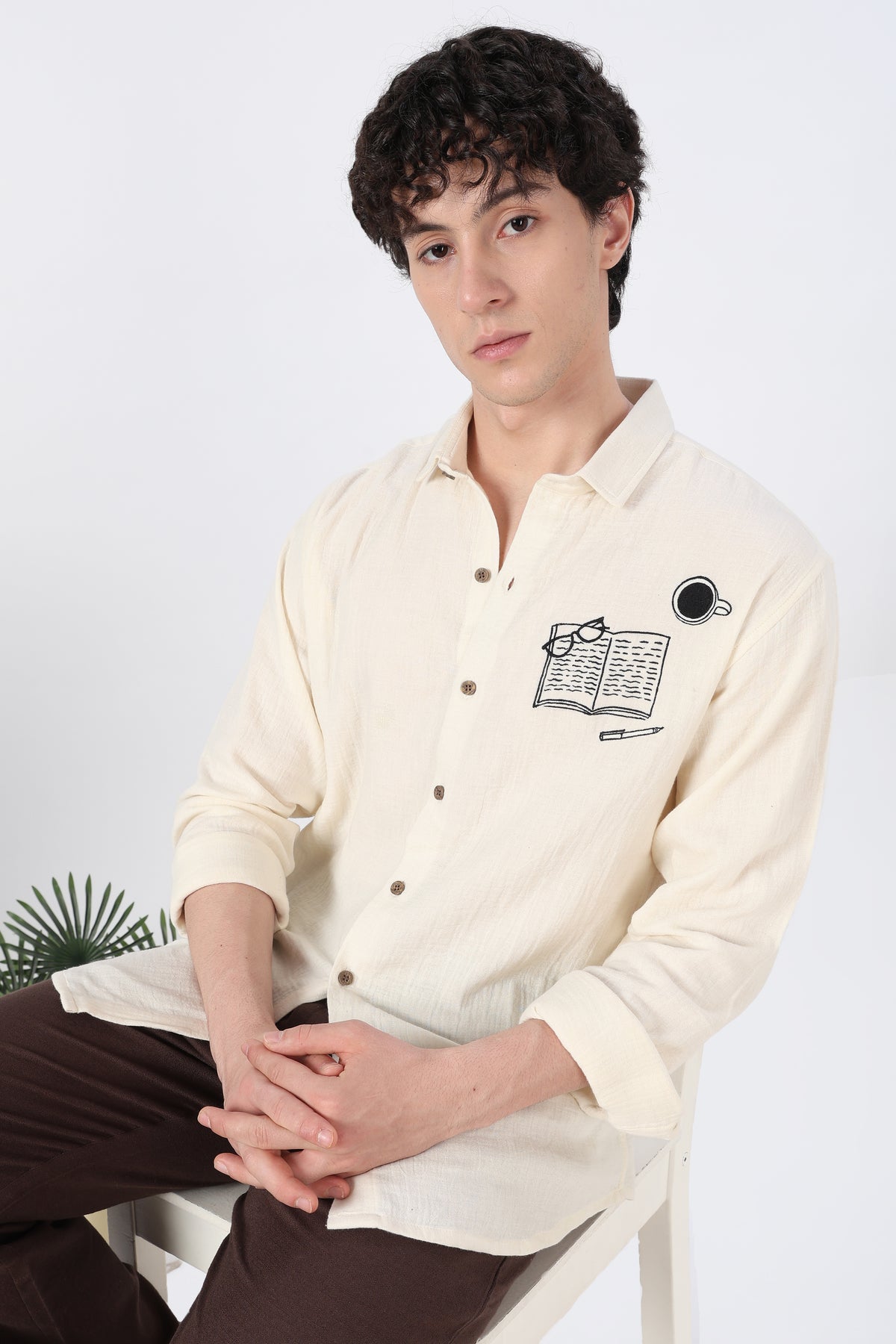 Study Break Muslin Double Cloth Regular Fit Beige Embroidered Shirt