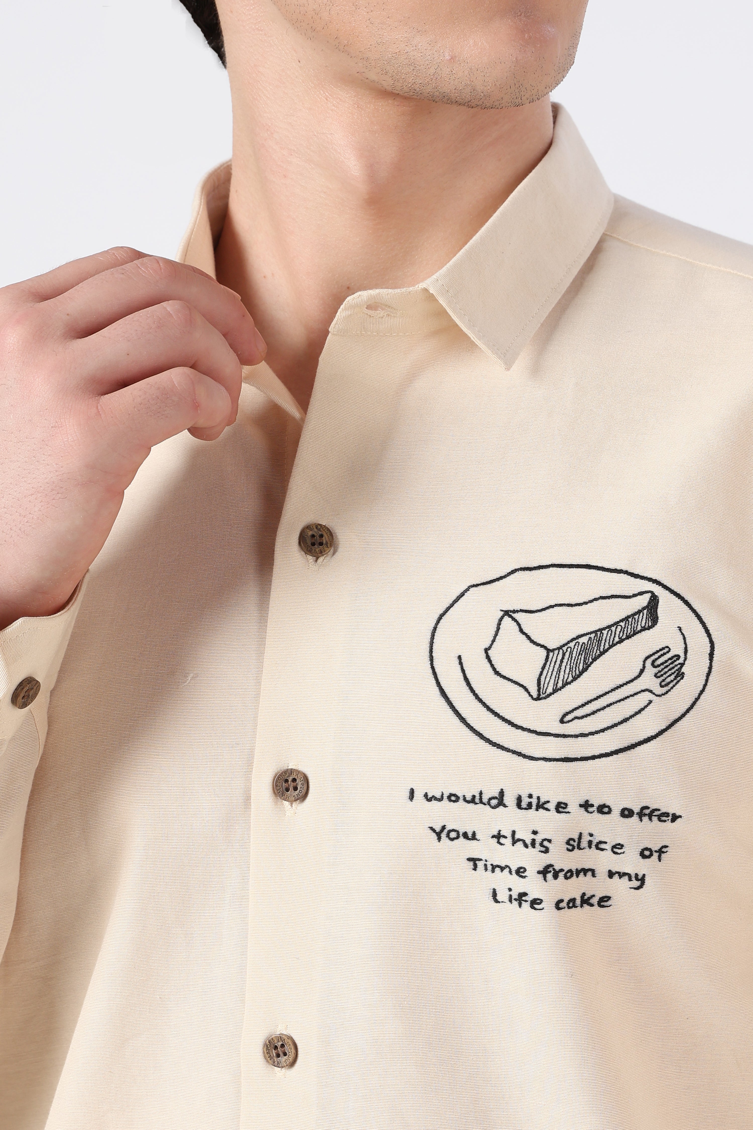 "The First Date Shirt" Cotton Regular Fit Beige Embroidered Shirt