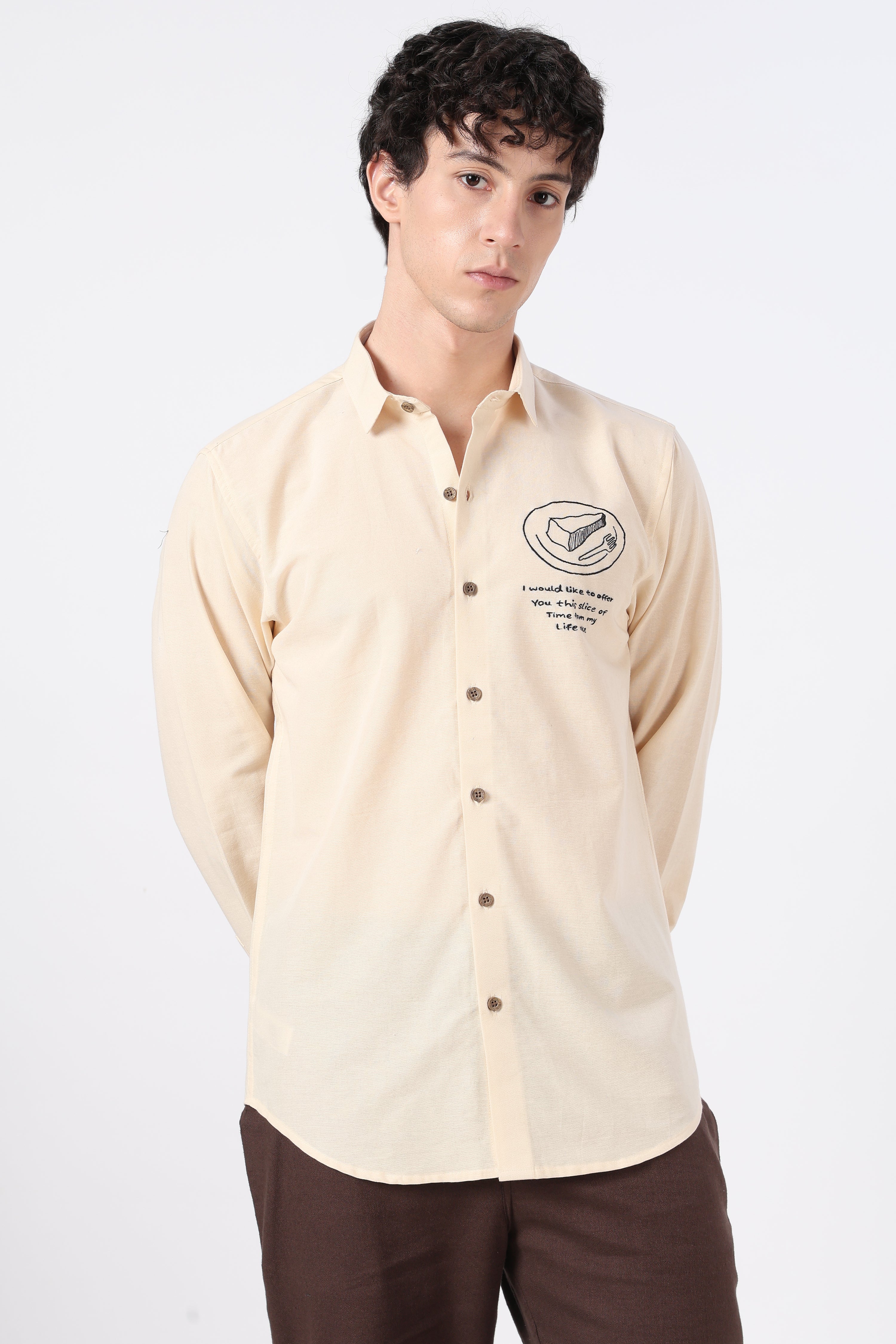 "The First Date Shirt" Cotton Regular Fit Beige Embroidered Shirt