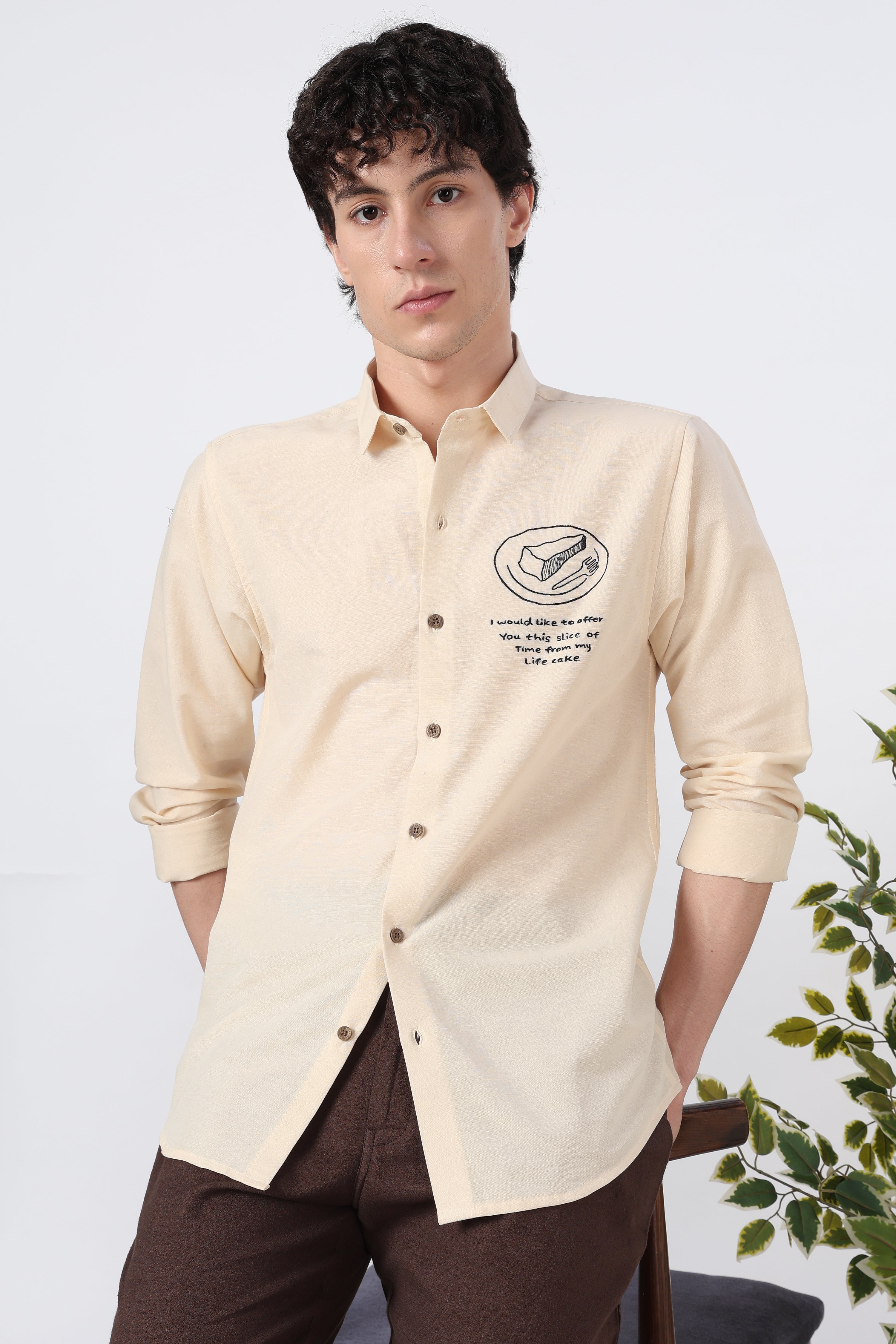 "The First Date Shirt" Cotton Regular Fit Beige Embroidered Shirt