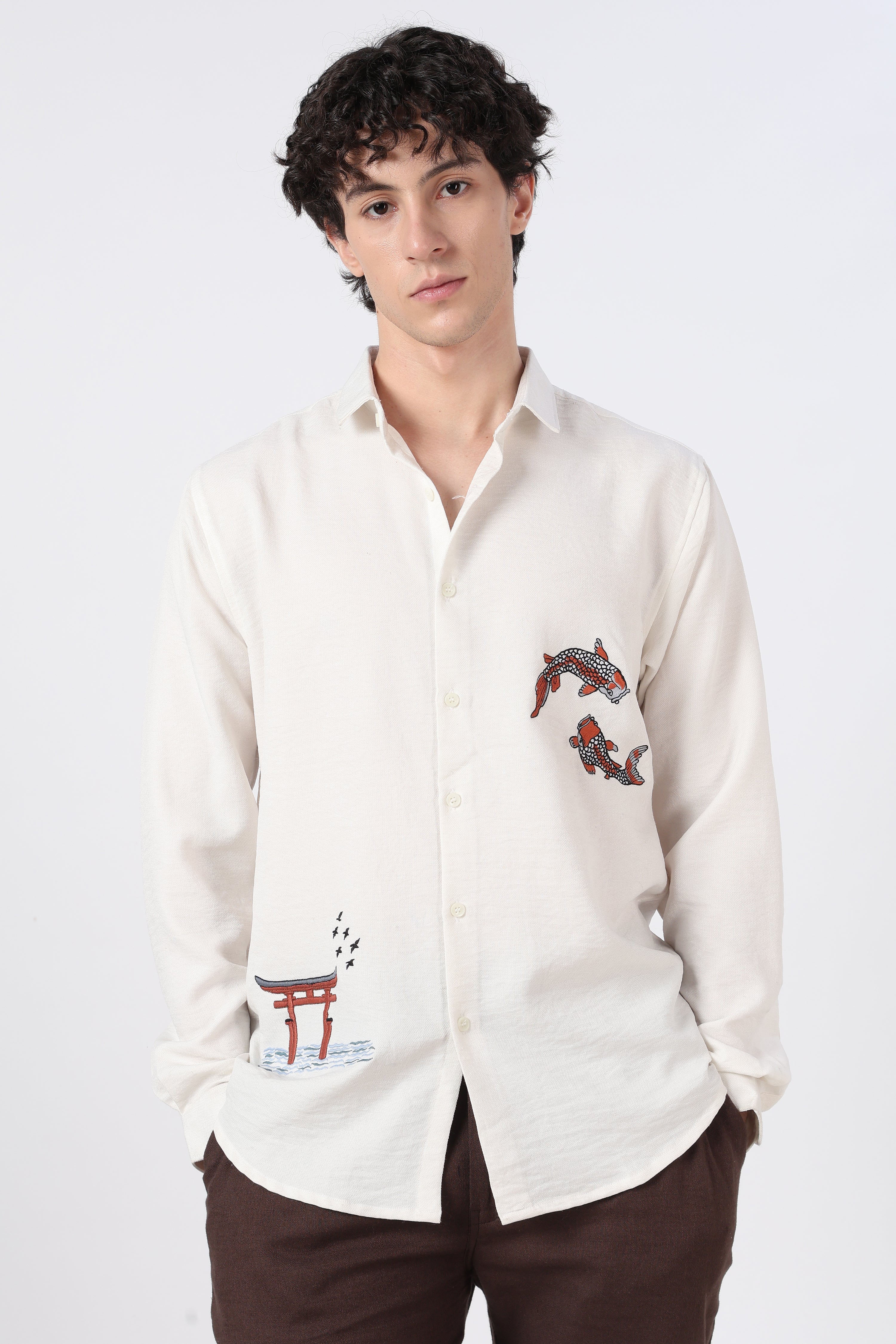 Koi Current Cotton Regular Fit White Embroidered Shirt