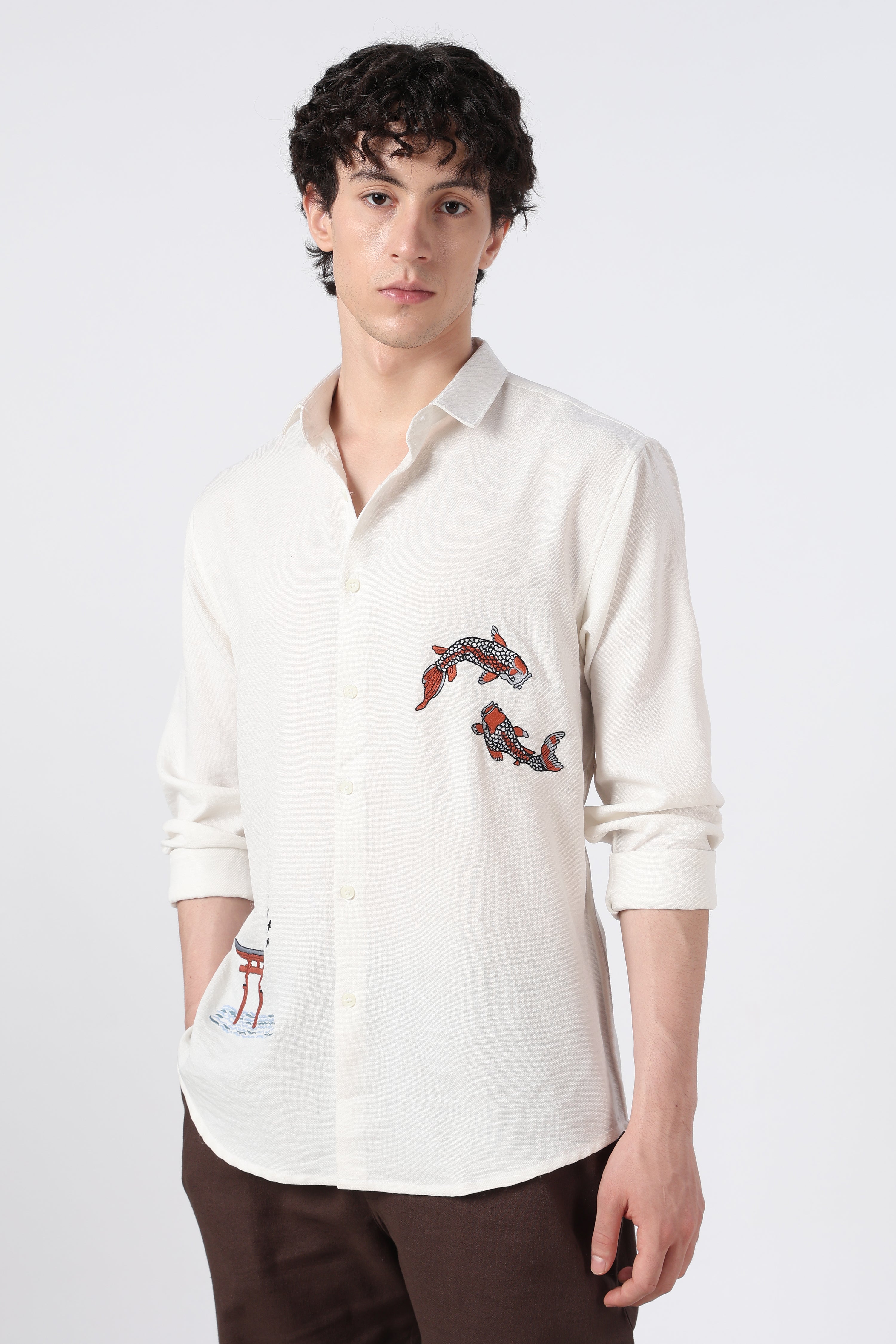 Koi Current Cotton Regular Fit White Embroidered Shirt