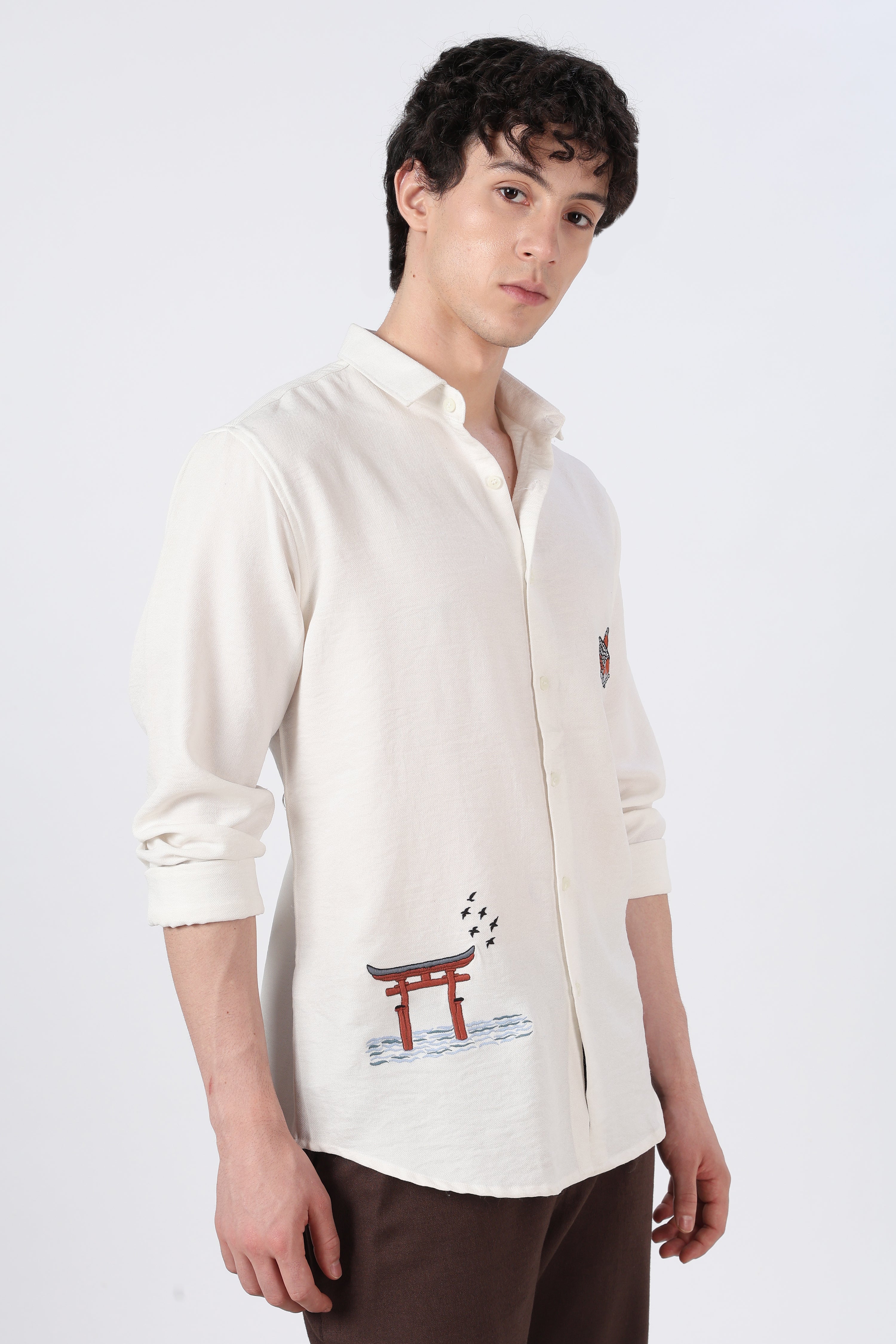 Koi Current Cotton Regular Fit White Embroidered Shirt