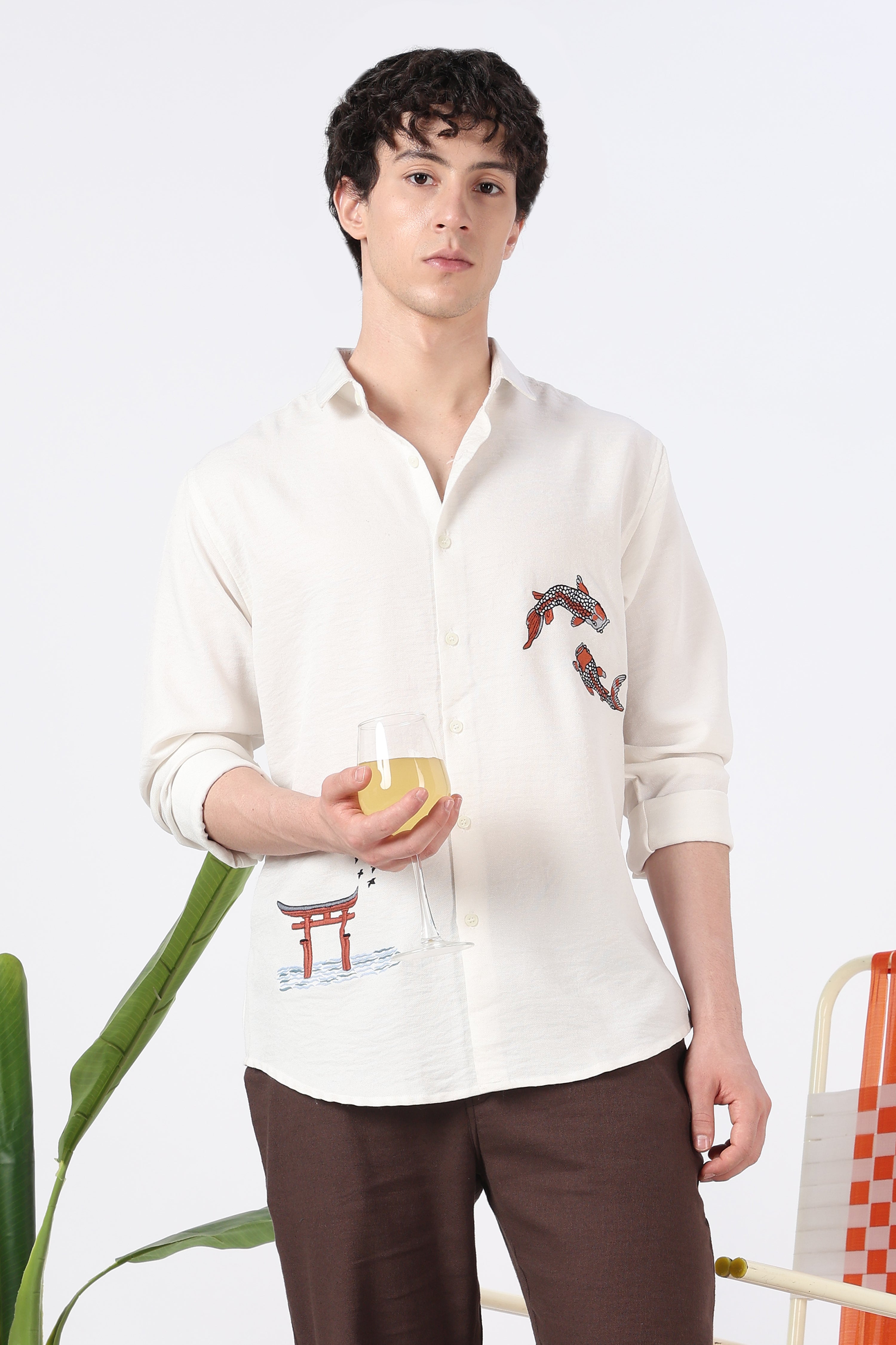 Koi Current Cotton Regular Fit White Embroidered Shirt