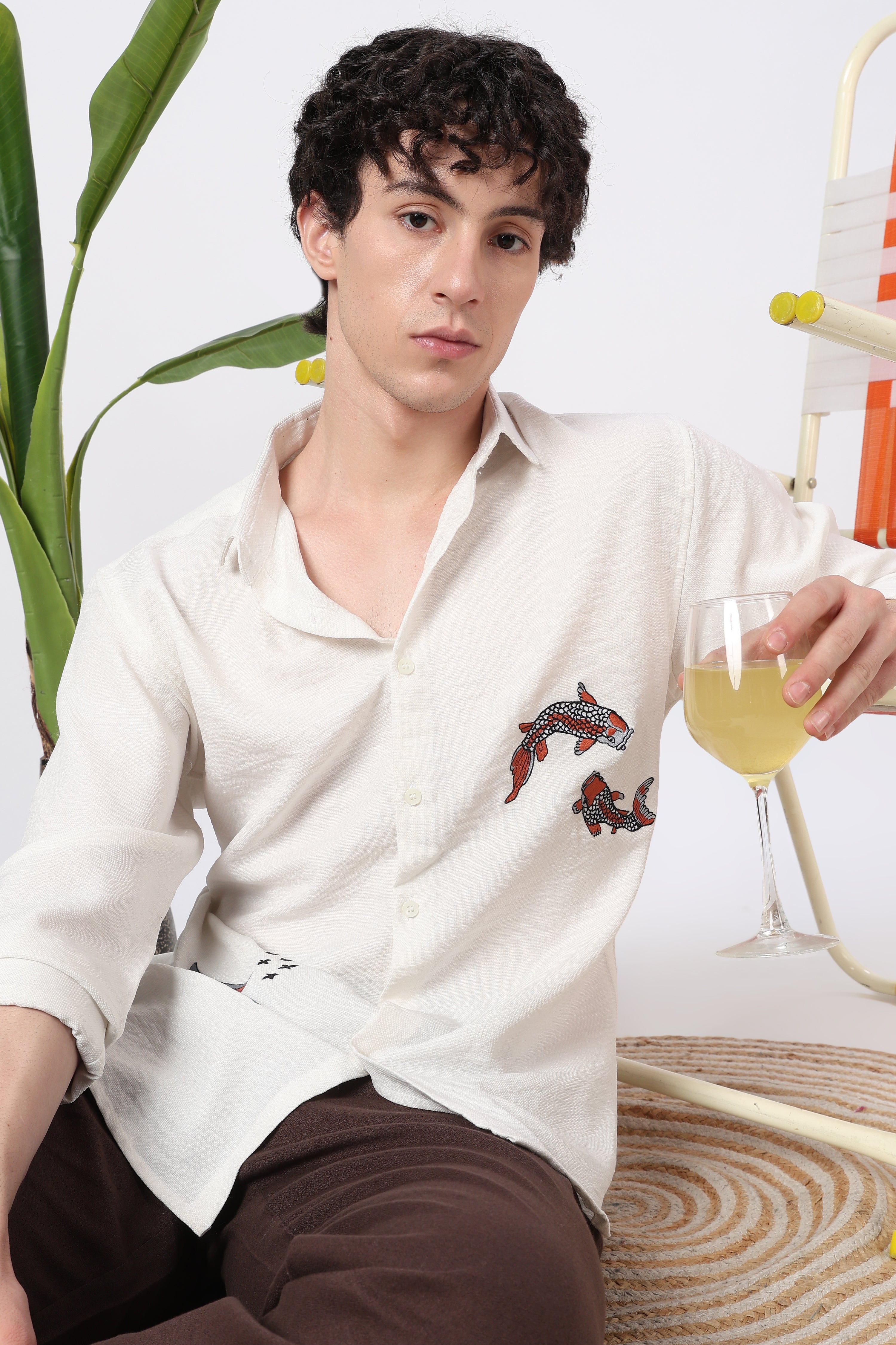 Koi Current Cotton Regular Fit White Embroidered Shirt