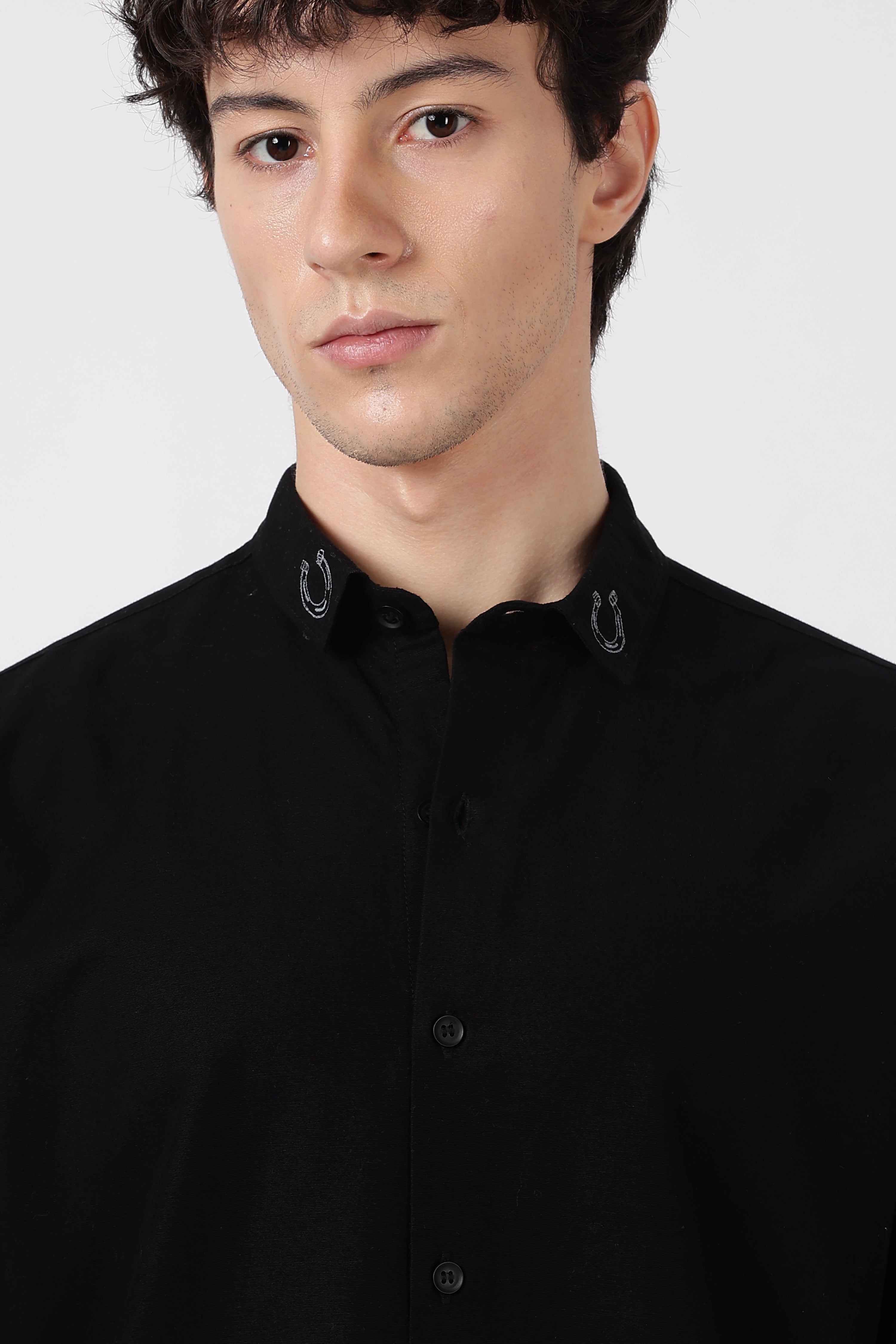 Equestrian Crest Cotton Regular Fit Black Embroidered Shirt