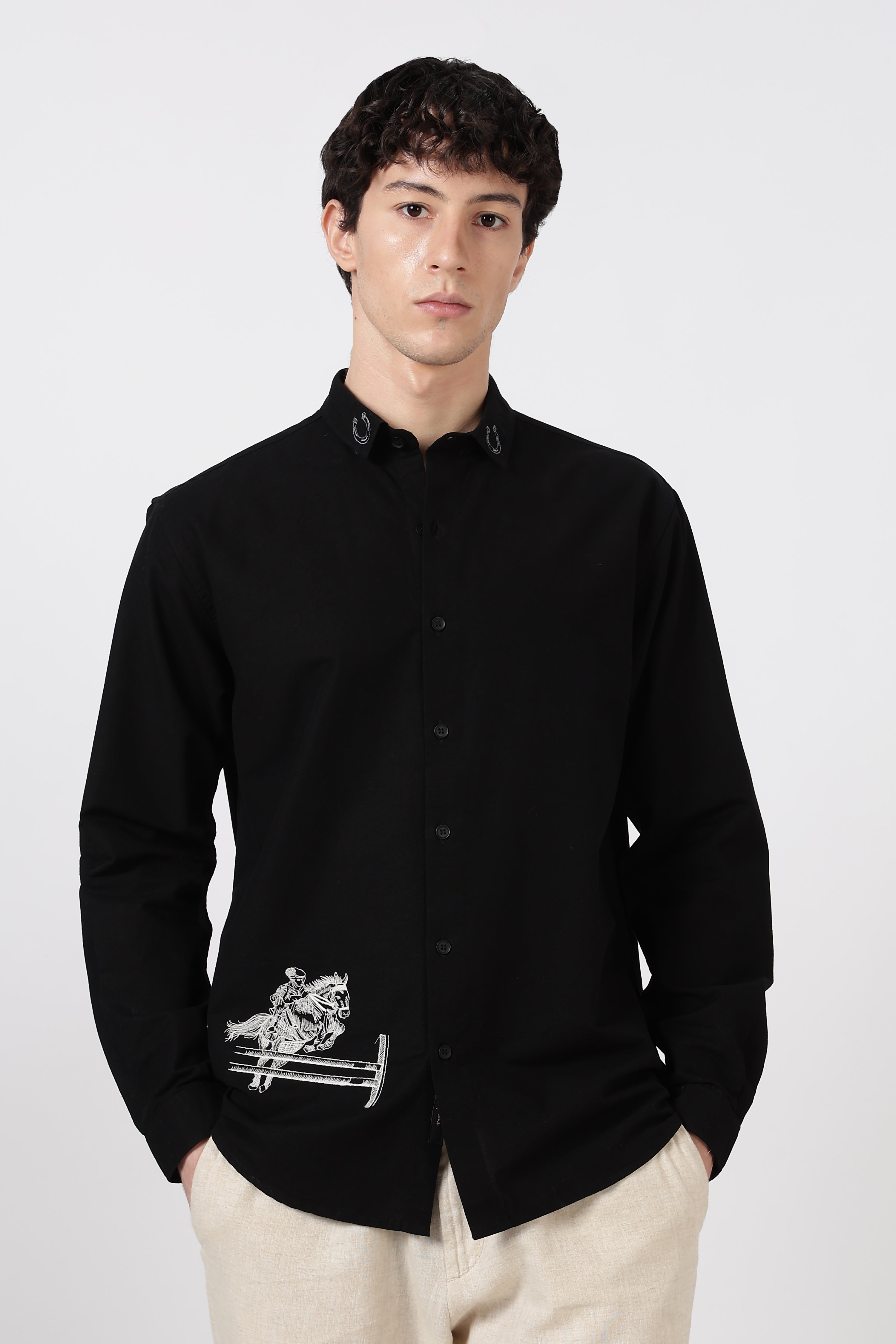 Equestrian Crest Cotton Regular Fit Black Embroidered Shirt