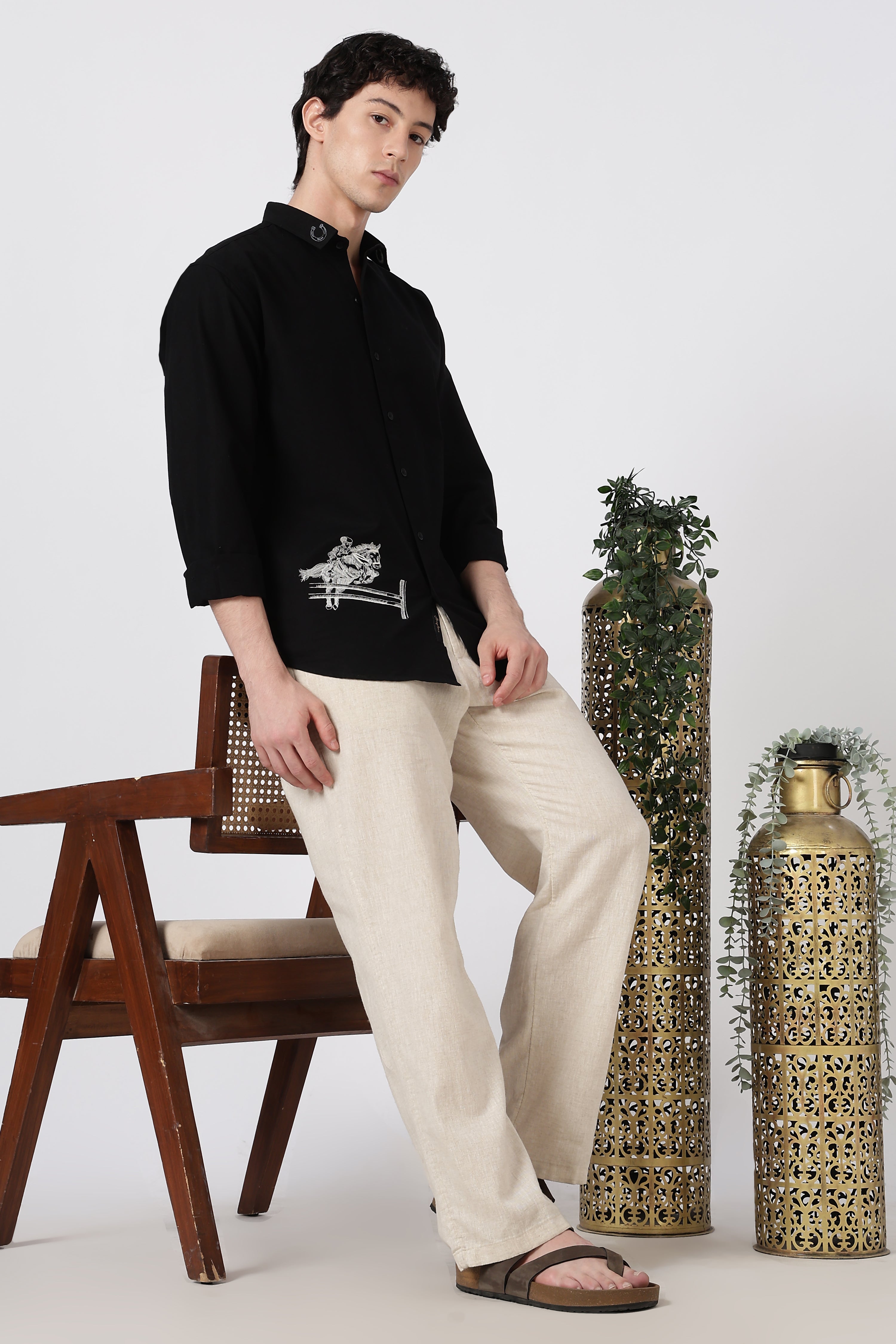 Equestrian Crest Cotton Regular Fit Black Embroidered Shirt