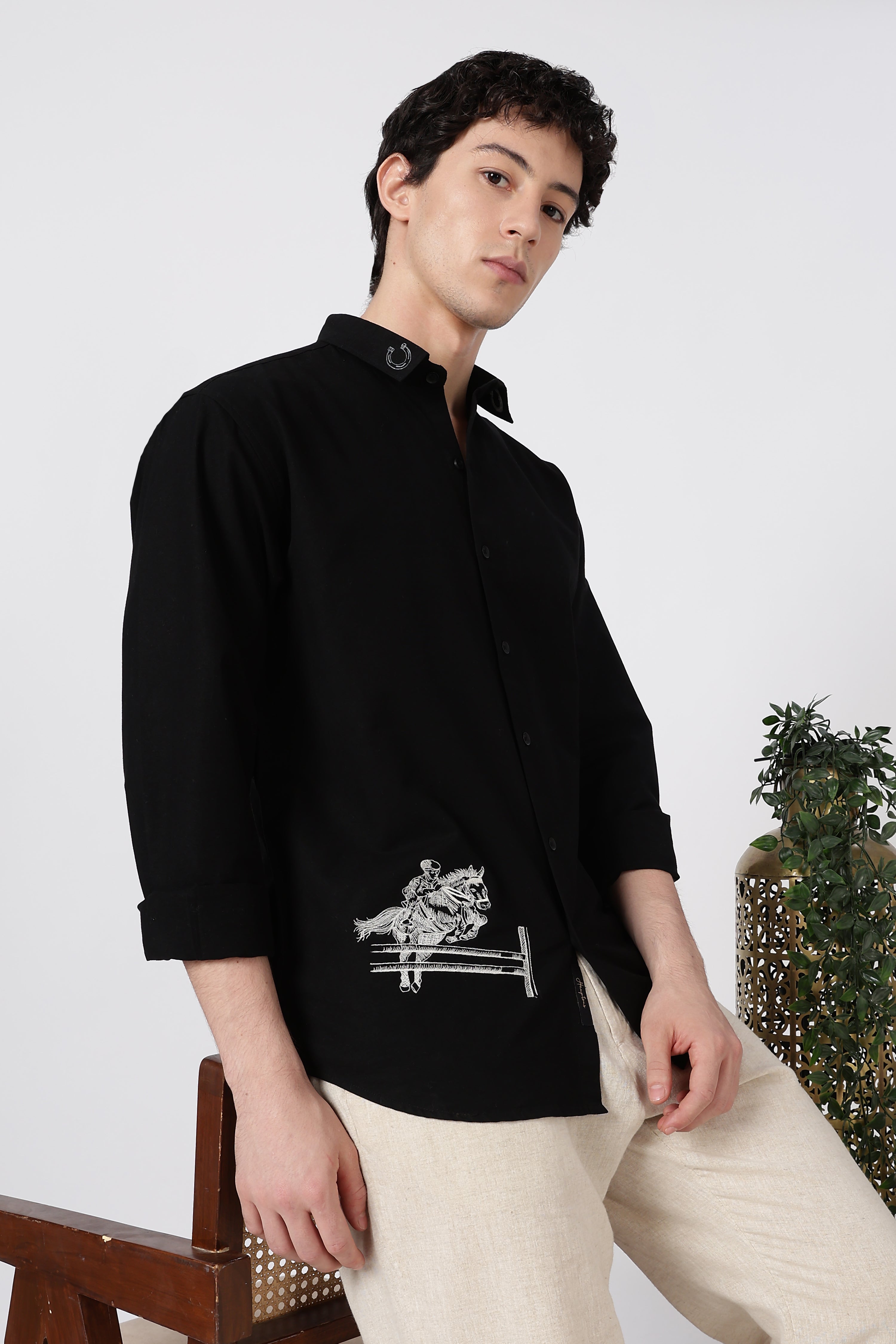 Equestrian Crest Cotton Regular Fit Black Embroidered Shirt