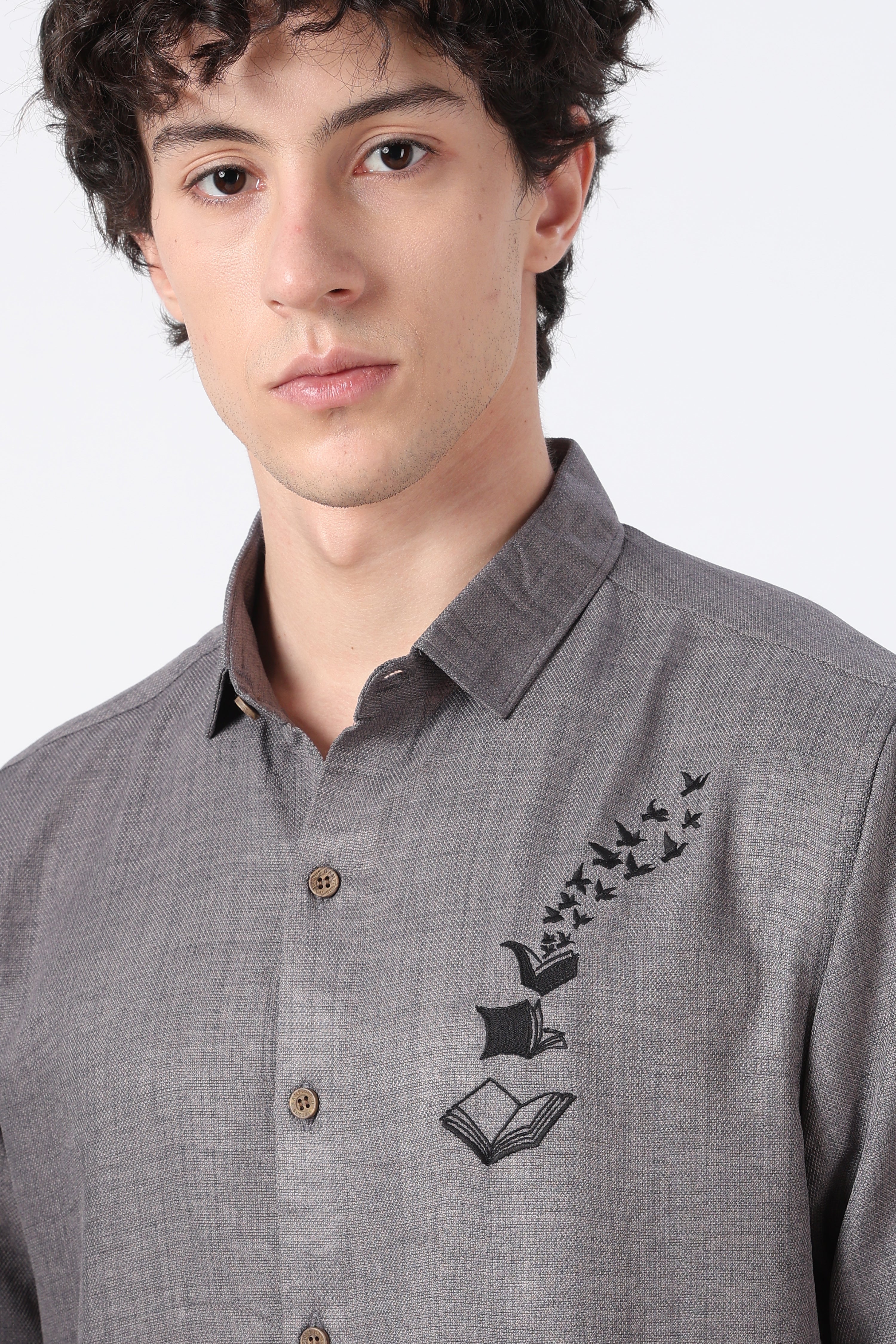 Bookbound Cotton Regular Fit Gray Printed Shirt