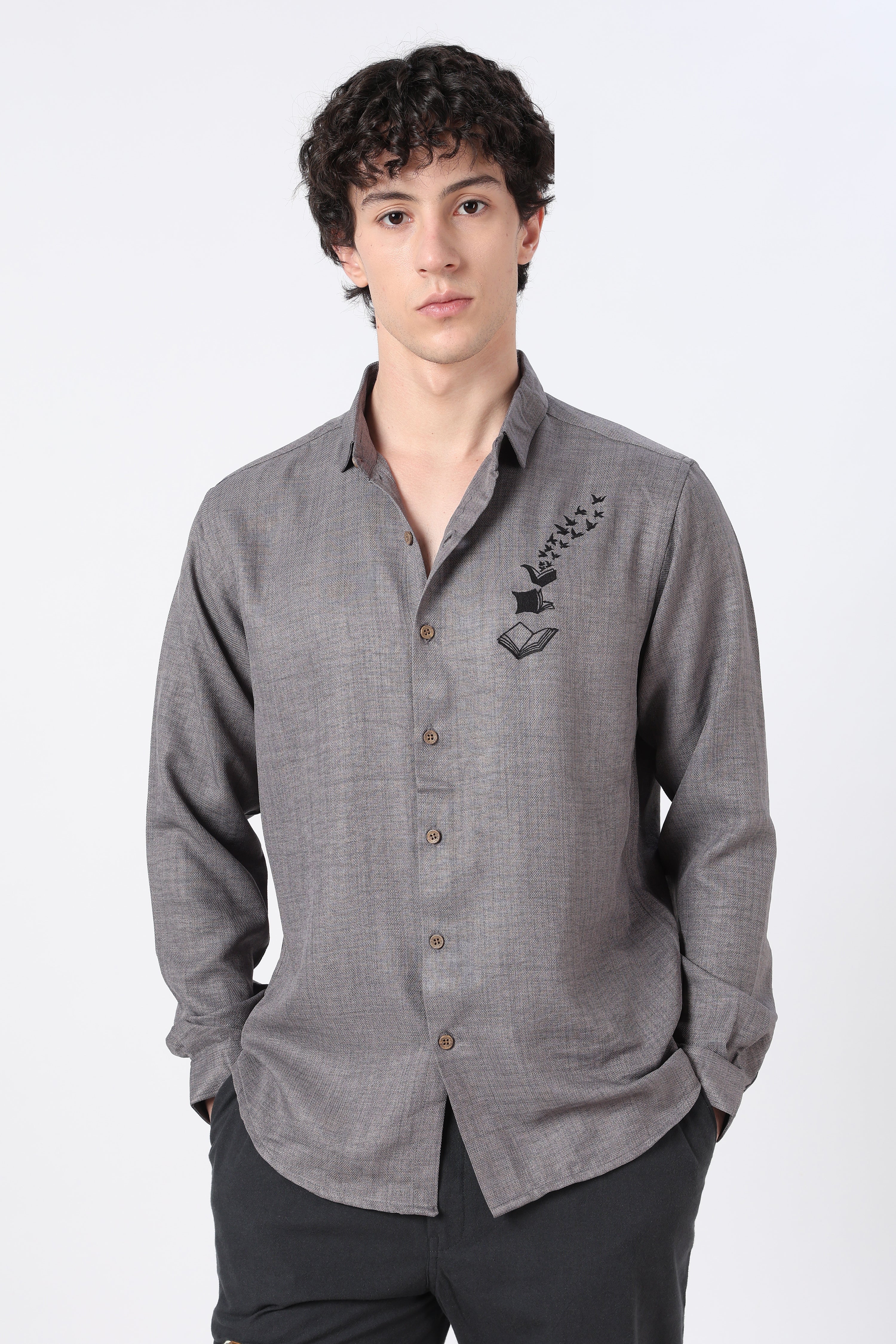Bookbound Cotton Regular Fit Gray Printed Shirt