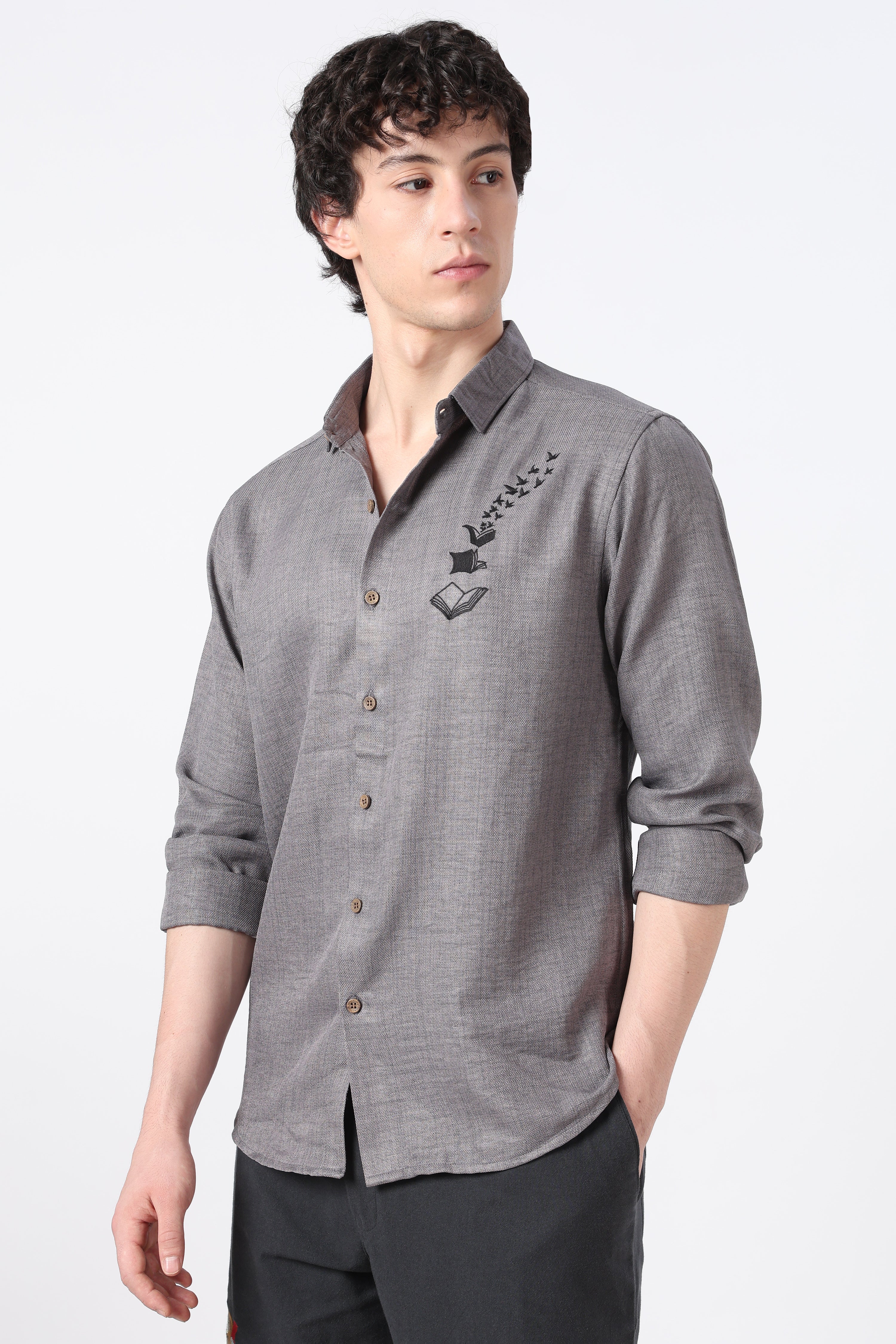 Bookbound Cotton Regular Fit Gray Printed Shirt