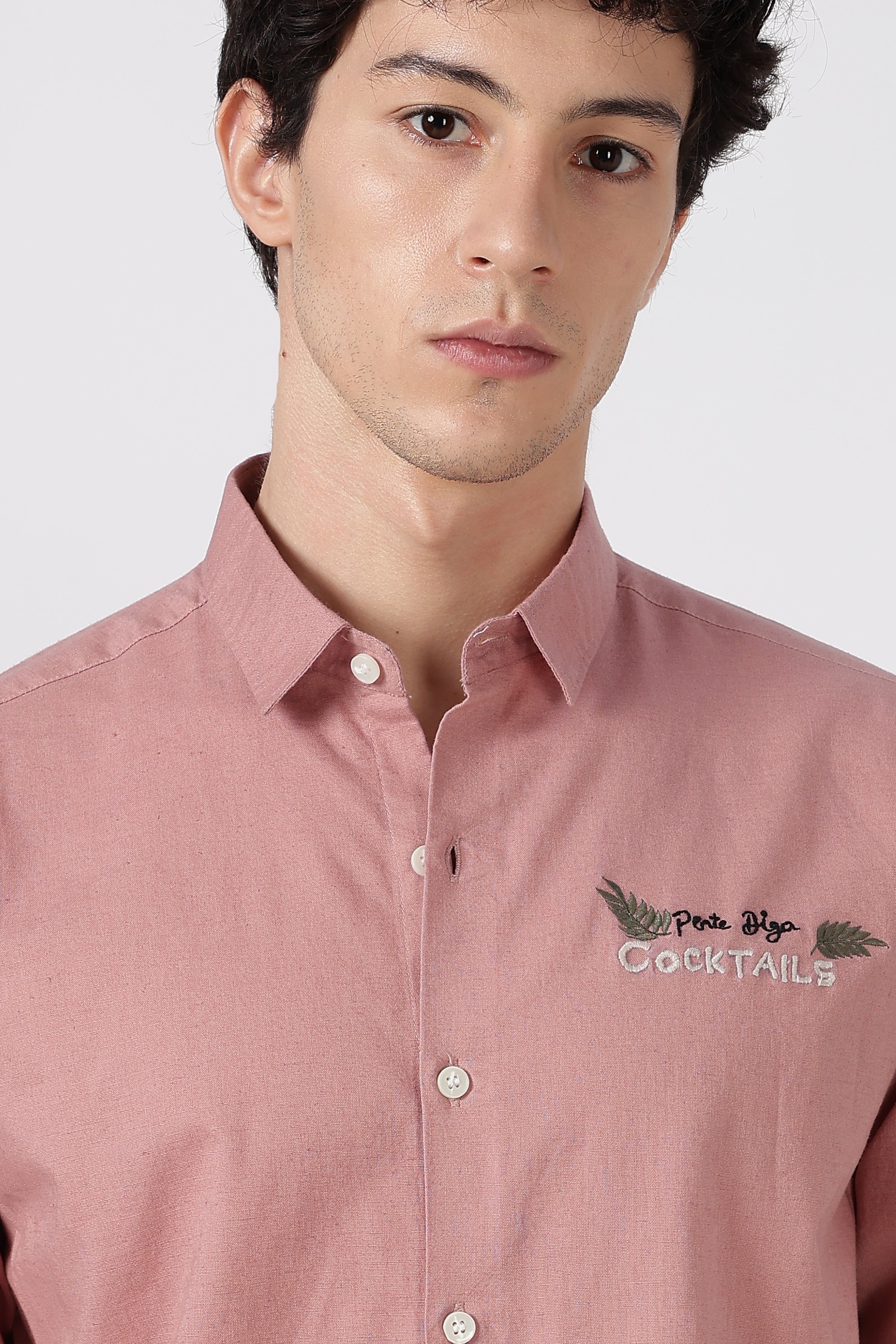Cocktail-Themed Cotton Regular Fit Dusty Pink Embroidered Shirt