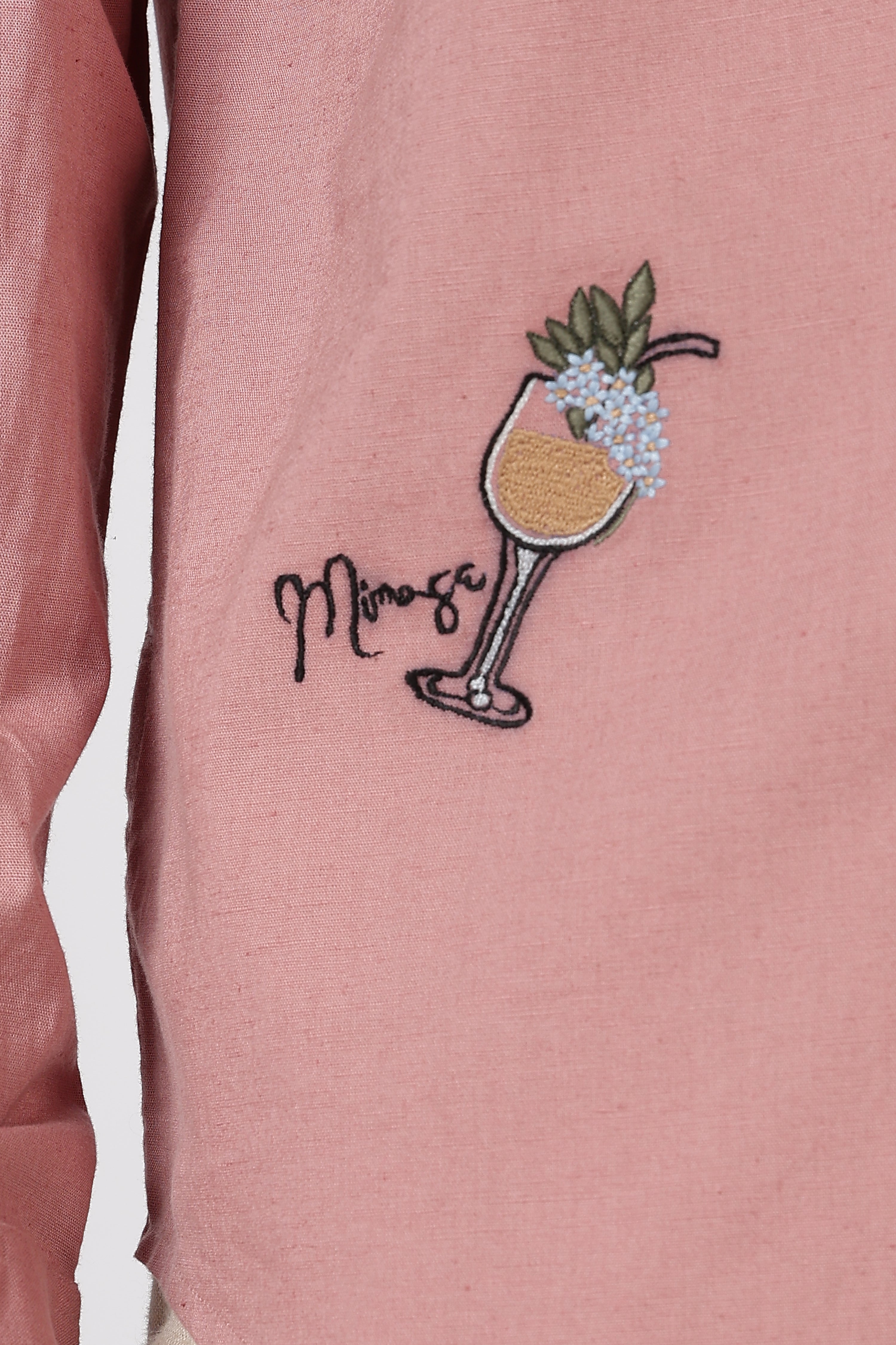 Cocktail-Themed Cotton Regular Fit Dusty Pink Embroidered Shirt