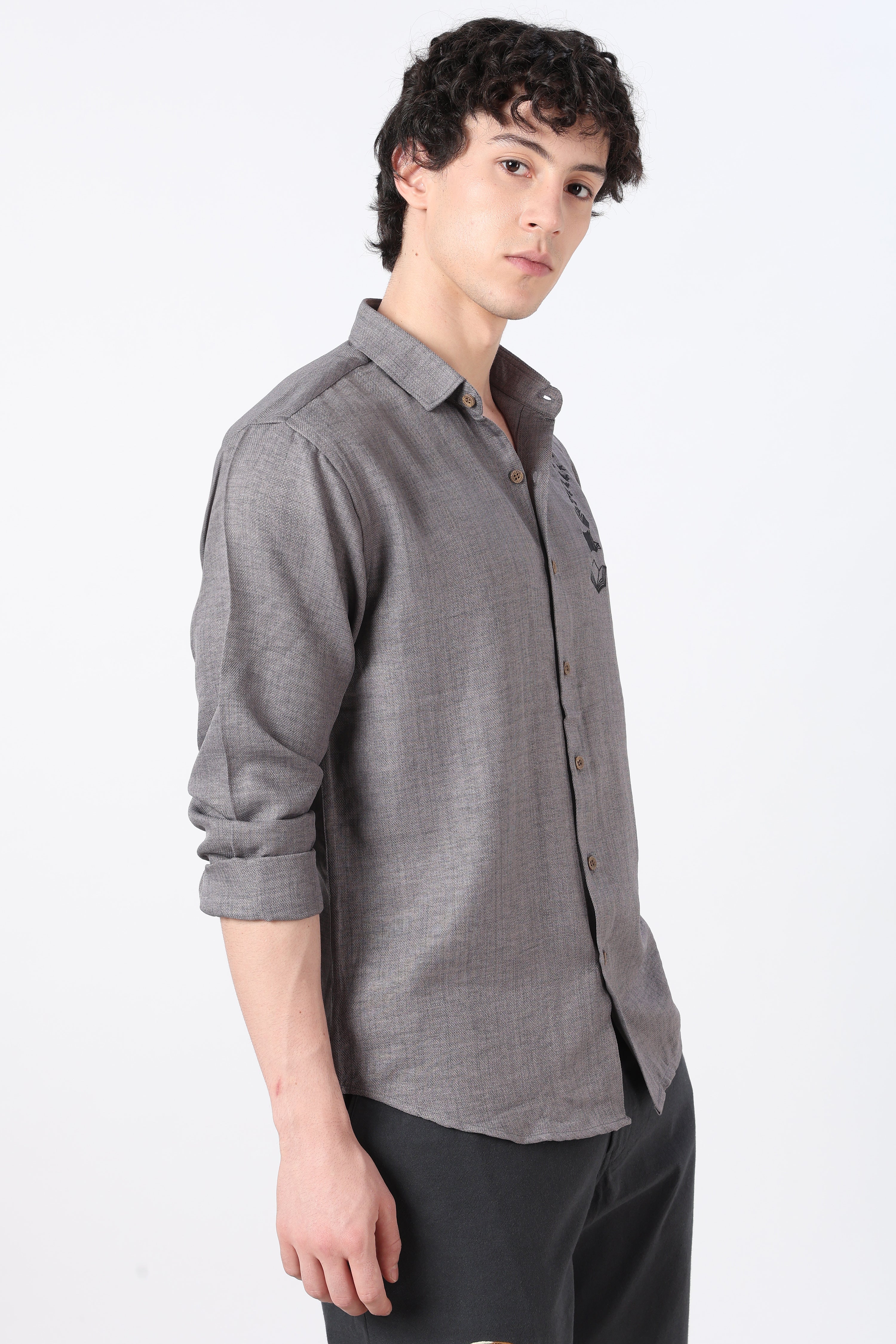 Bookbound Cotton Regular Fit Gray Printed Shirt