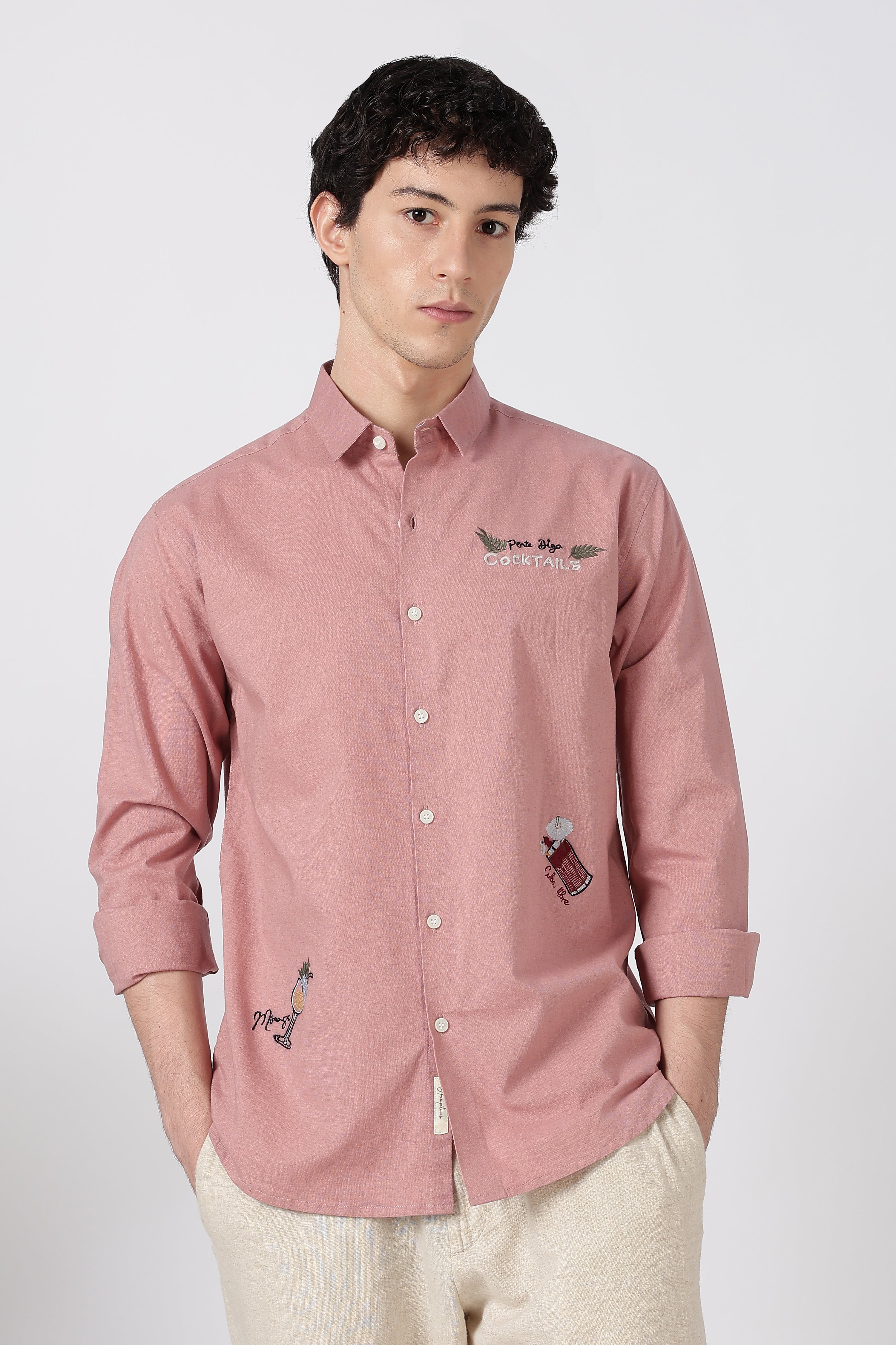 Cocktail-Themed Cotton Regular Fit Dusty Pink Embroidered Shirt