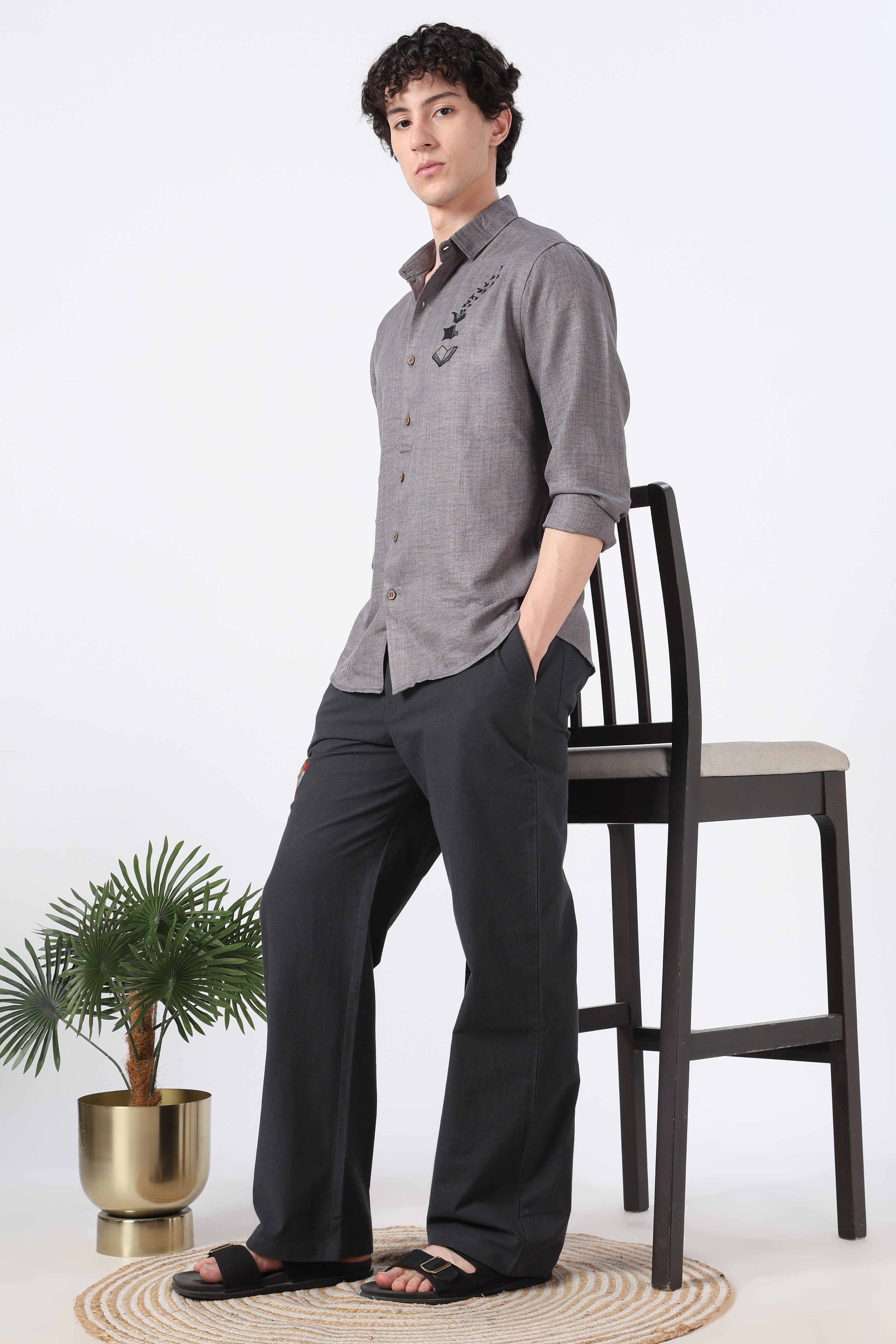Bookbound Cotton Regular Fit Gray Printed Shirt