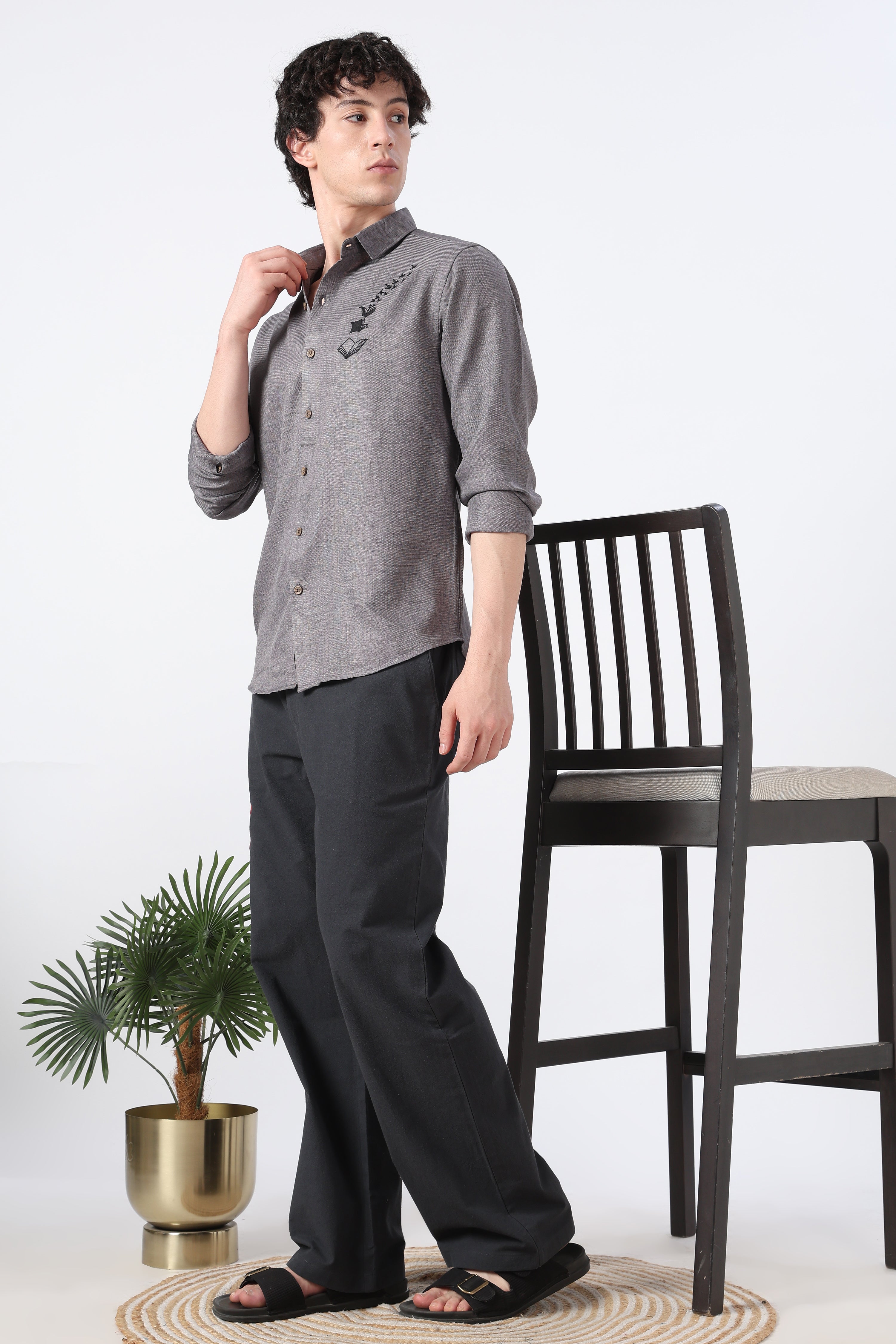Bookbound Cotton Regular Fit Gray Printed Shirt