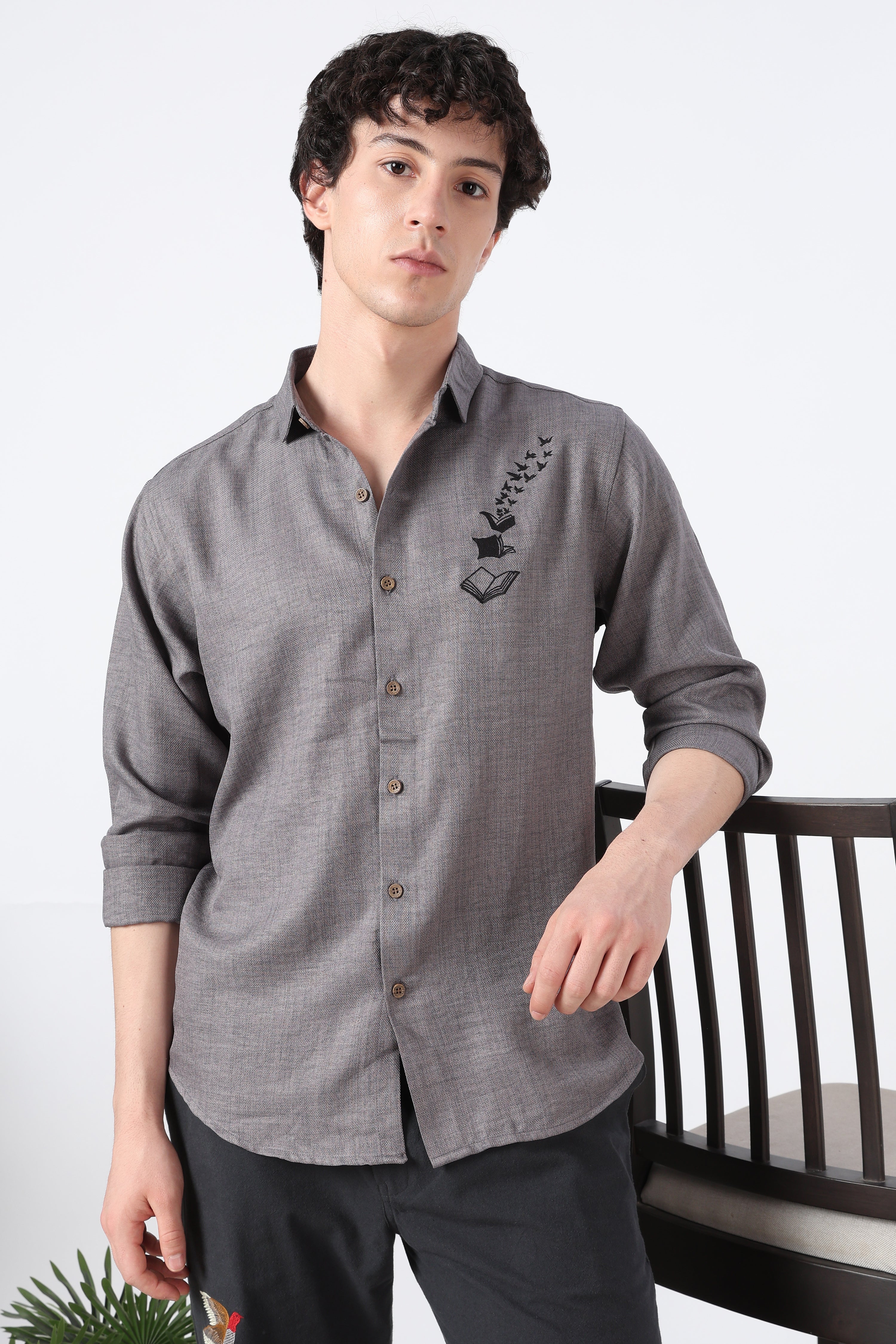 Bookbound Cotton Regular Fit Gray Printed Shirt