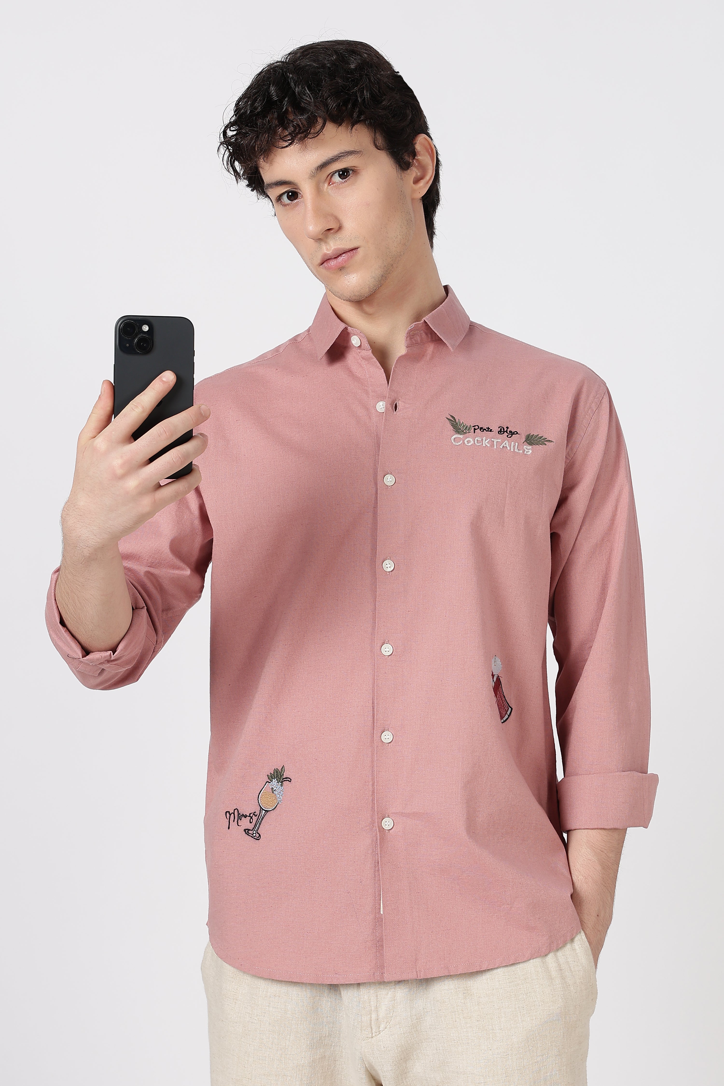 Cocktail-Themed Cotton Regular Fit Dusty Pink Embroidered Shirt
