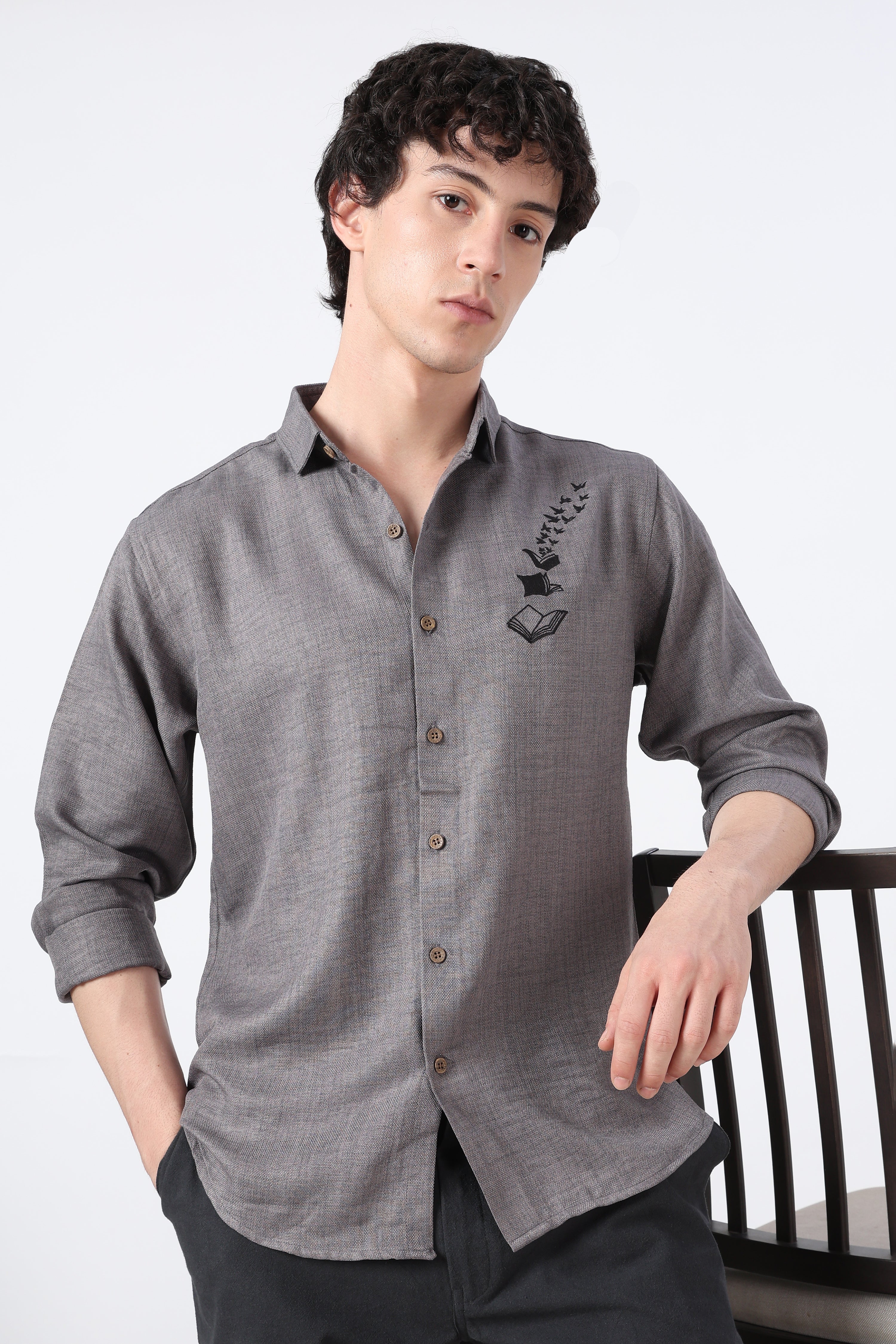 Bookbound Cotton Regular Fit Gray Printed Shirt