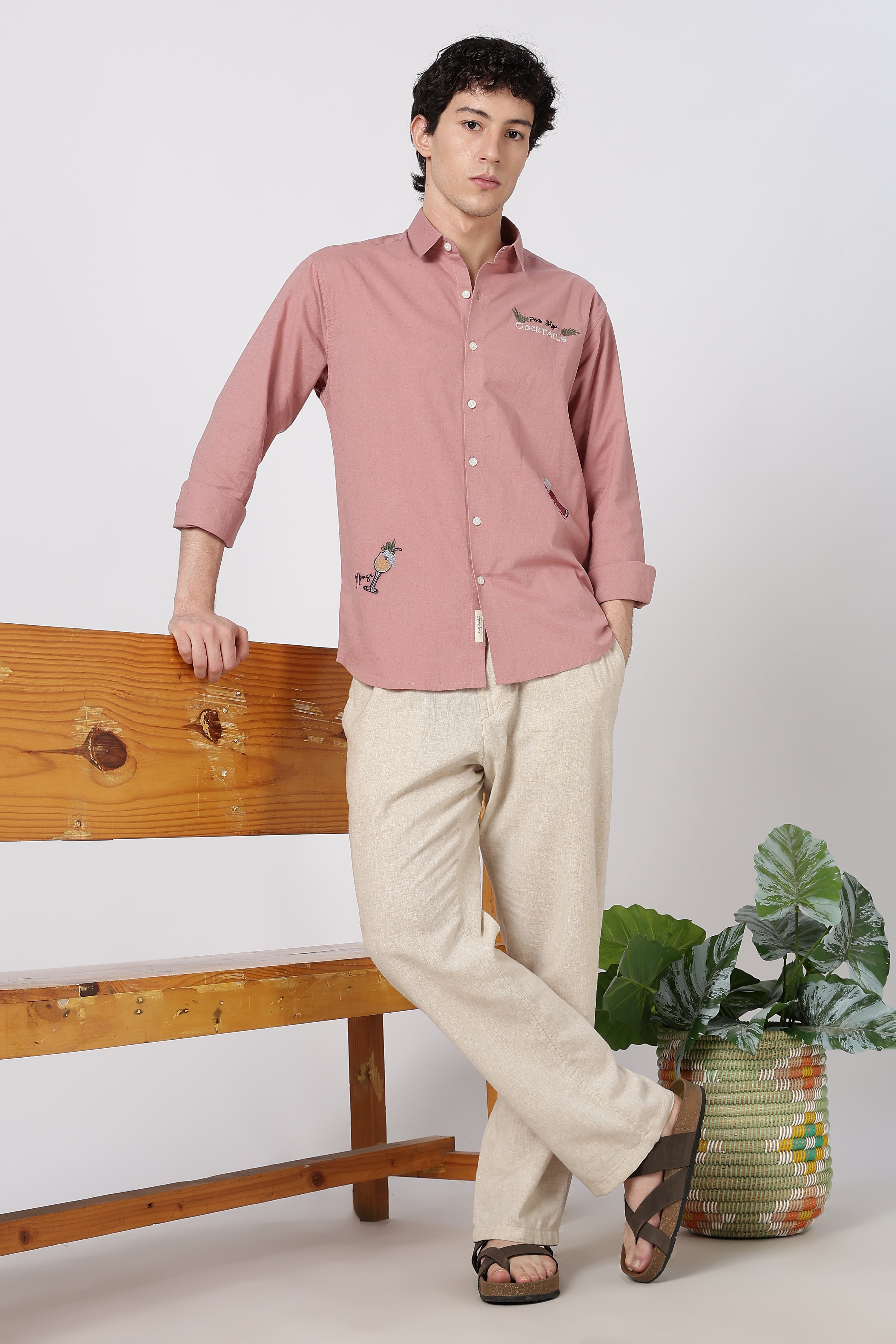 Cocktail-Themed Cotton Regular Fit Dusty Pink Embroidered Shirt
