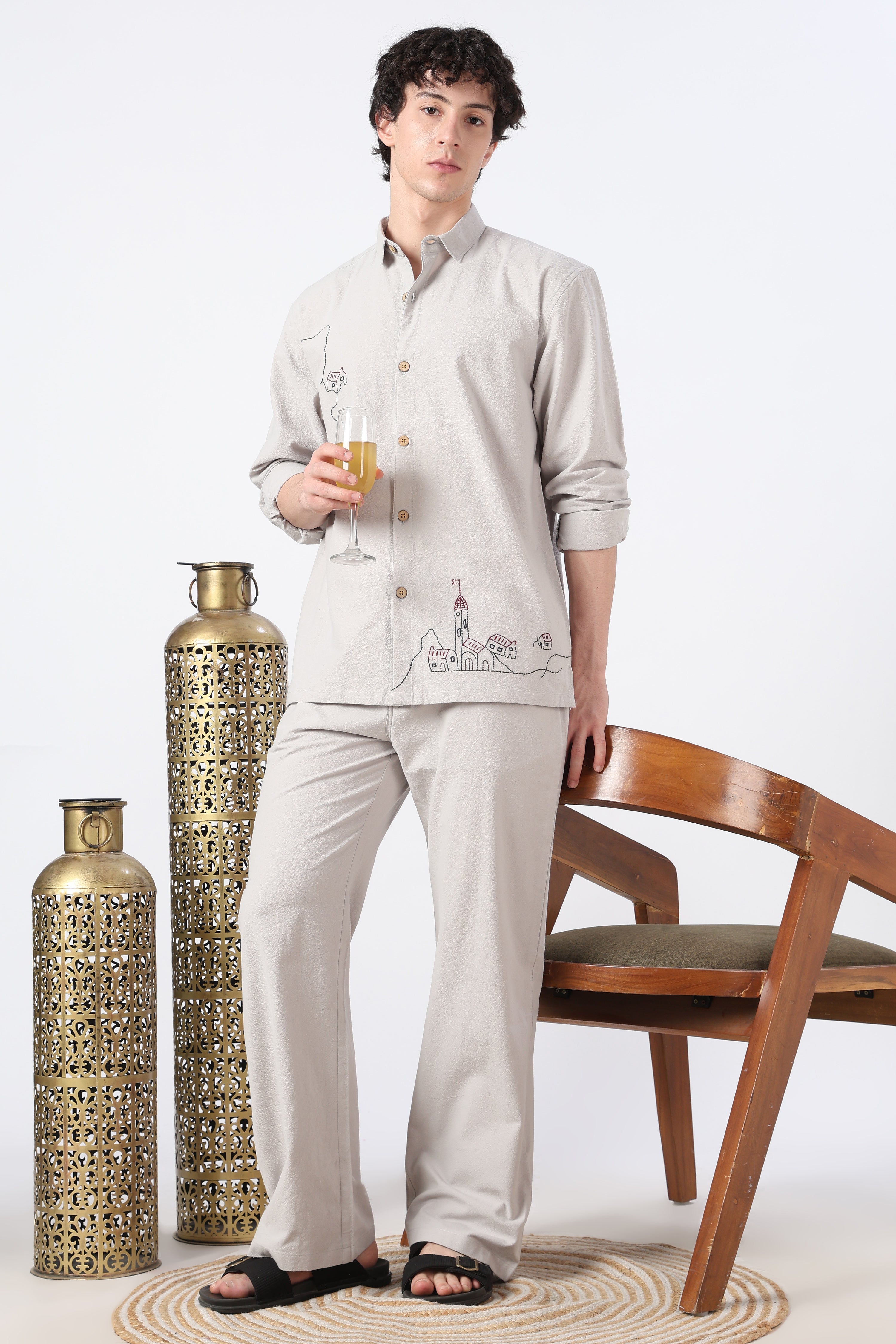 Village Stroll Grey Cotton Co-ordinated Outfits for Mens