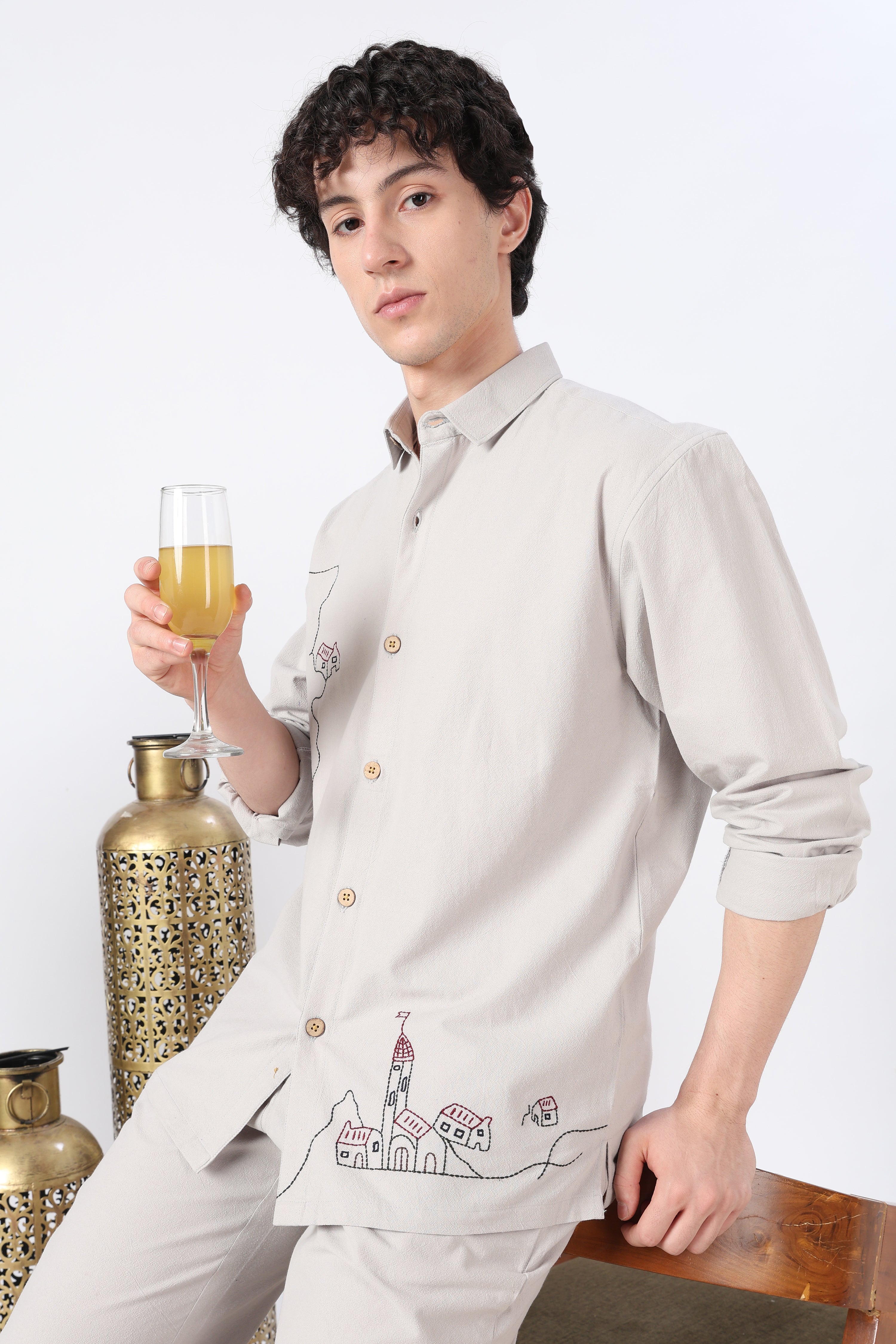 Village Stroll Grey Cotton Co-ordinated Outfits for Mens
